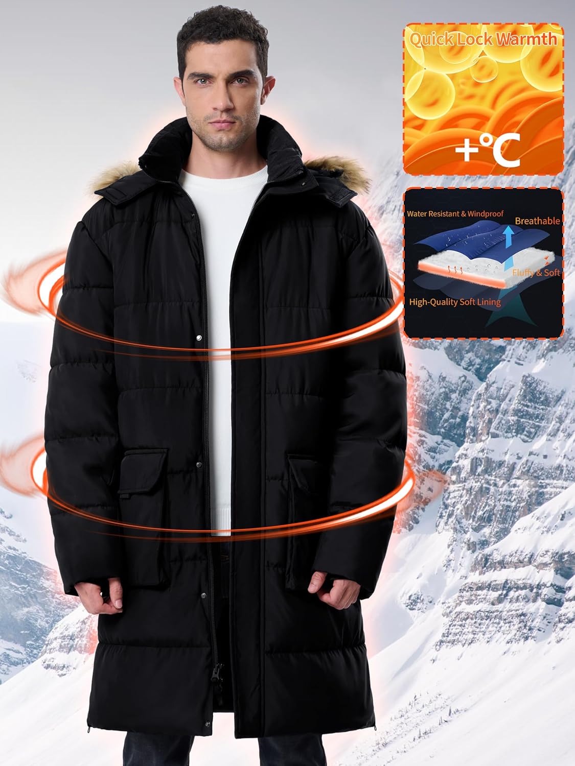 Mens Extra Long Winter Jacket Puffer Winter Coats Thicken Warm Insulated Water Resistant Parka - Image 2