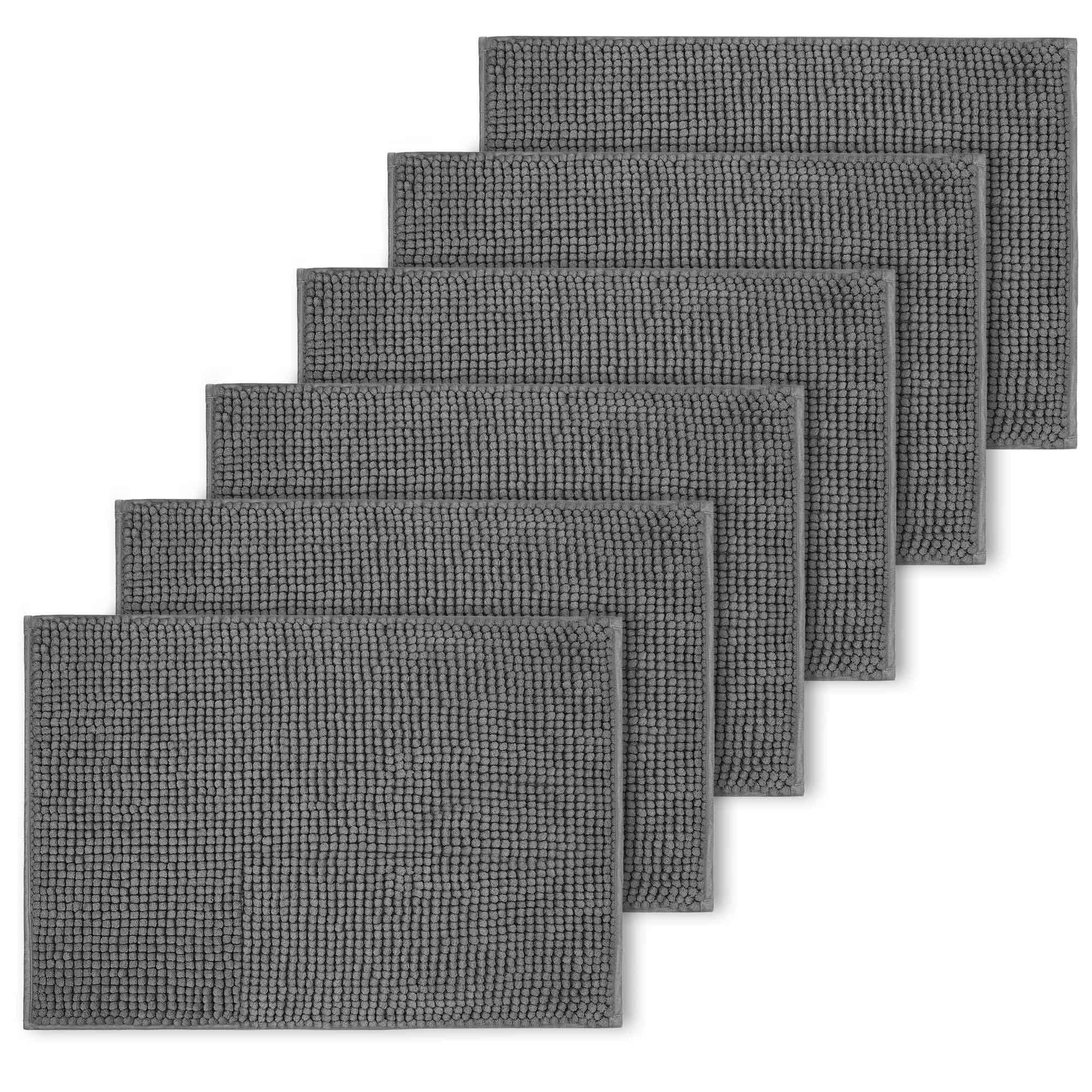 BedLooms Grey Bath Mat Non Slip Anti Mould (6 pack) - Machine Washable Bath Mats 40x60cm Chenille Bathroom Mat Super Absorbent Extra Soft Fluffy Shower Mat