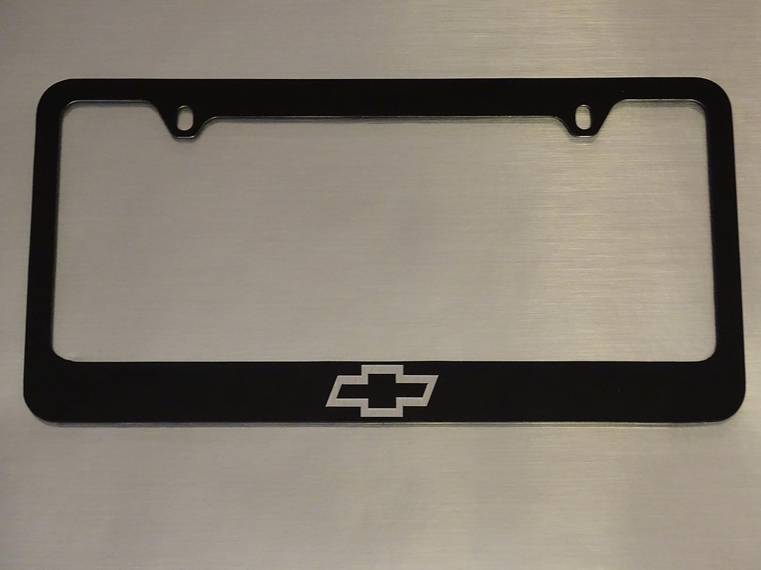 AtoZCustoms Chevy Logo License Plate Frame, Glossy Black, Brushed Aluminum Text