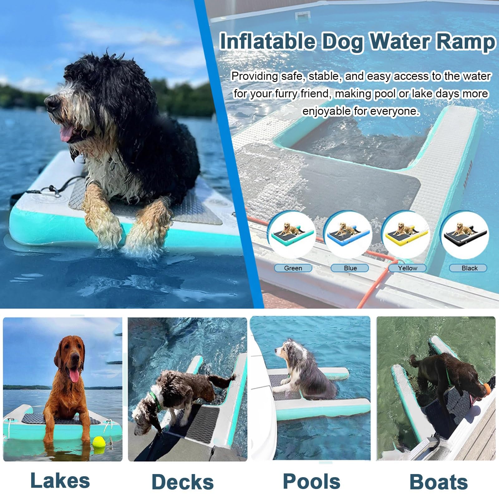 Rampa gonfiabile per cani, pieghevole e portatile, soluzione di accesso all'acqua per animali domestici, include pompa, corda e kit di riparazione per una facile uscita dalla piscina o dal molo