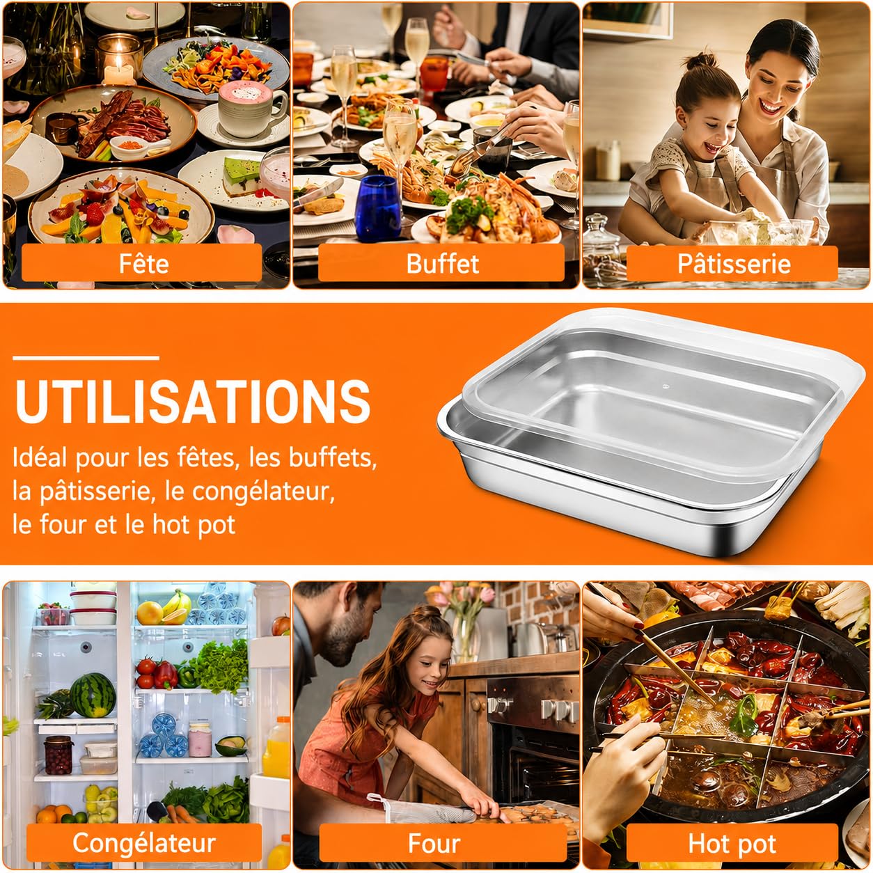 Lot de 8 Bacs Alimentaires en Inox 304 avec Couvercles, 31,5 x 21,5 x 6,7cm | Récipients de Conservation Compatibles Four et Congélateur pour Meal Prep, Buffet, Restauration et Cuisine