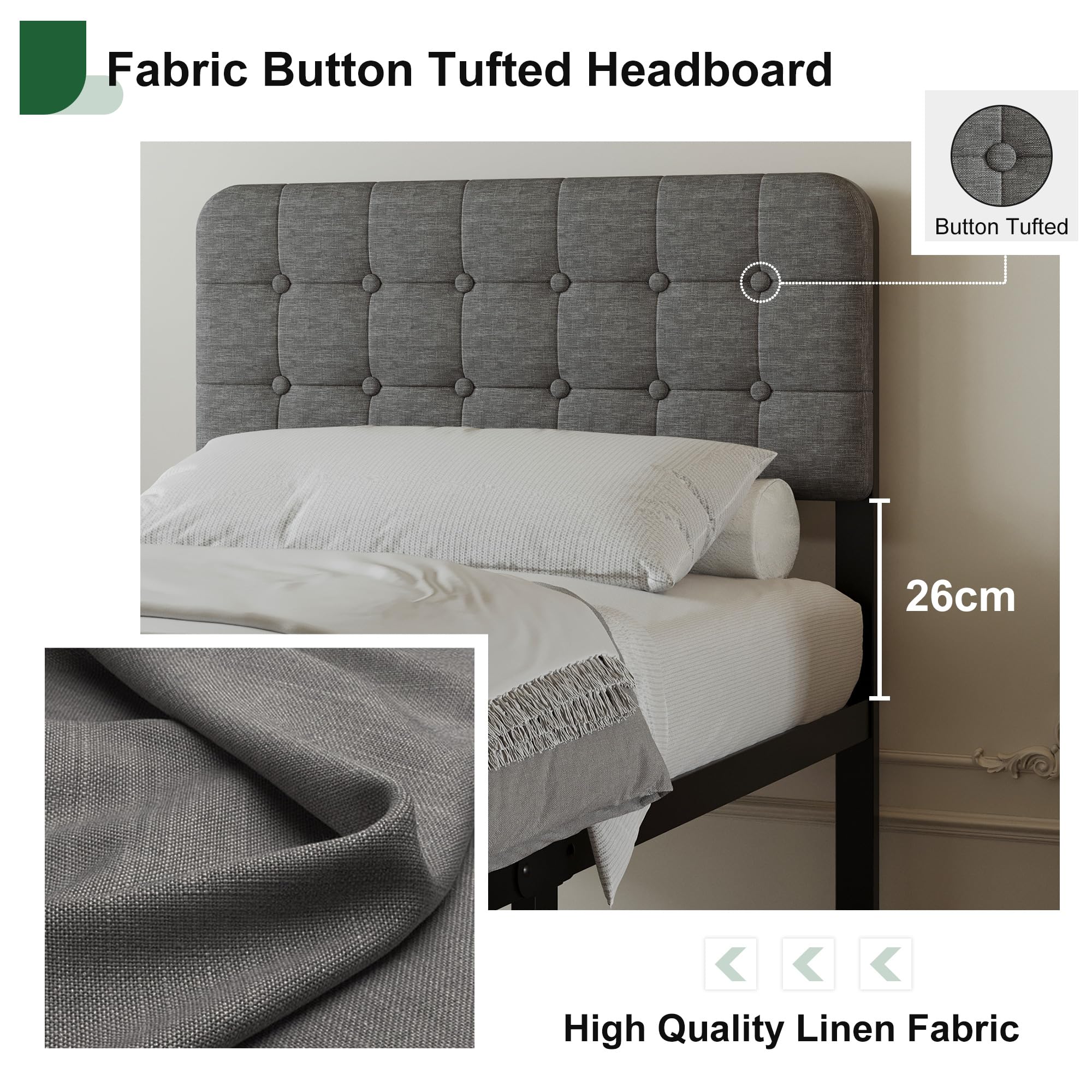 EMODA Struttura letto in metallo con testiera e pediera imbottite, struttural letto in matallo alta 36 cm, 90 x 190 cm con supporto a doghe in acciaio resistente, silenziosa, facile da montare