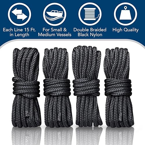 Miniatura 2 de Cordones de nylon de doble trenzado, línea de puerto, (color negro, largo de 15 pies diámetro de 38 de pulgada, ojal de 12 pulgadas, 4 unidades).