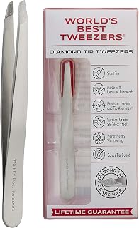 World's Best Tweezers Diamond Tip Tweezer - Diamond Coated Slant Tip Precision Eyebrow Tweezer, Facial & Ingrown Hair Remover - Perfectly Aligned - Grabs Hair From The Root - Stainless Steel