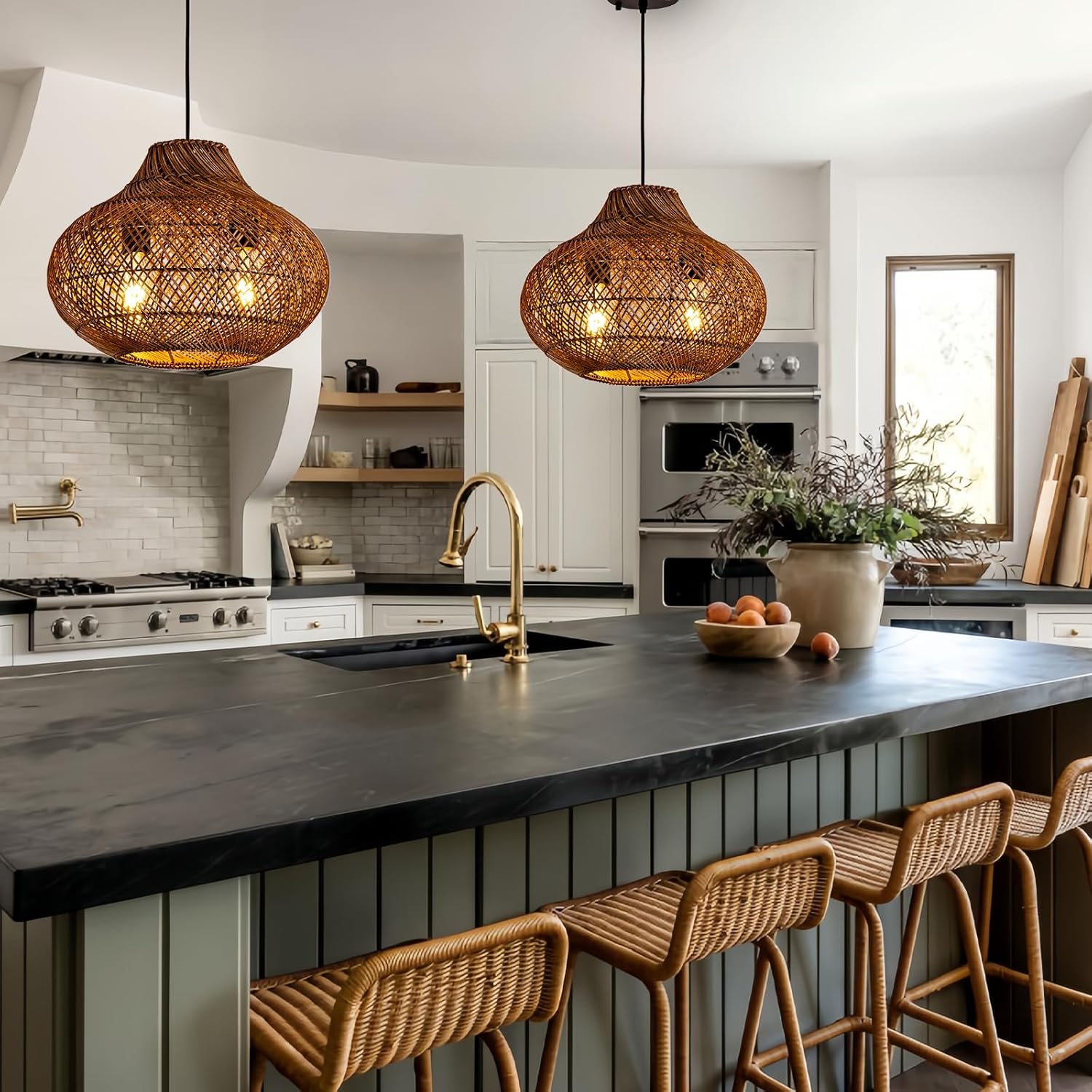 15in Rattan Light Fixture, 2-Light Wicker Woven Chandelier Rustic Pendant Lights Rattan Hanging Lamp for Kitchen Island Dining Room Yard Restaurant Garden Design