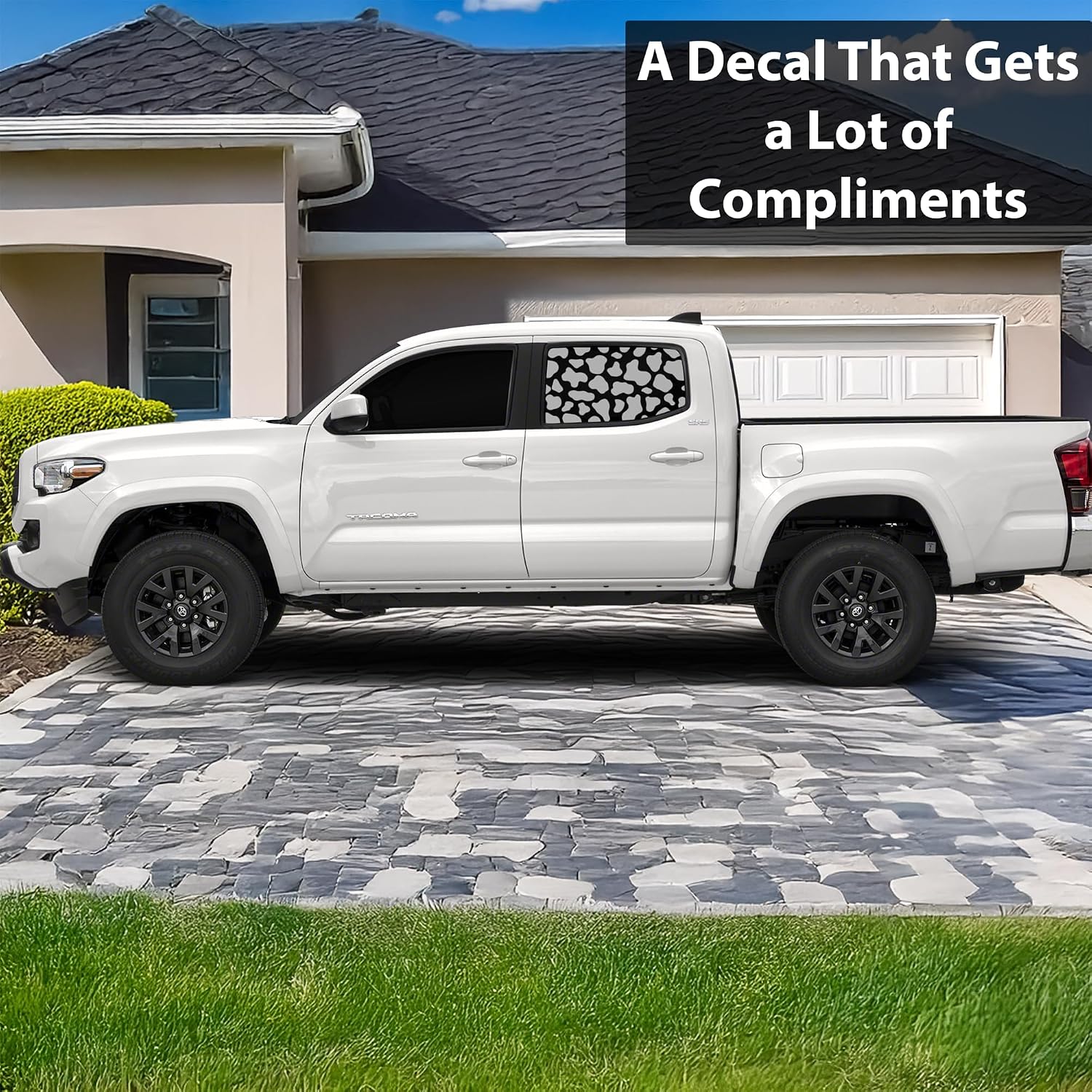 BOGAR TECH DESIGNS - Precut Animal Cow Print Spots Rear Side Window Vinyl Decal Stickers Compatible with Toyota Tacoma with Double Cab 2016-2023, Matte Black