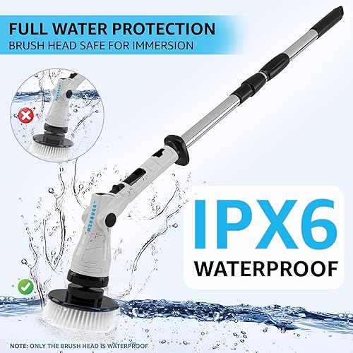 Miniatura 5 de Limpiador eléctrico giratorio  Limpiador eléctrico inalámbrico con 8 cabezales de cepillo, mango largo ajustable, 3 velocidades para limpieza