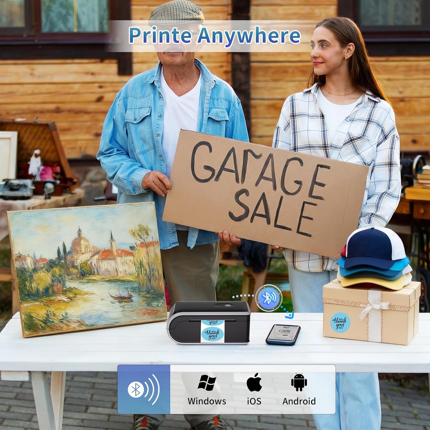 JADENS Battery Powered Thermal Printer, Cordless 4x6 Shipping Label Printer for Small Business, Prints 700+ Labels per Charge, 25H Standby, Portable Labeler for iPhone, Mac, Windows