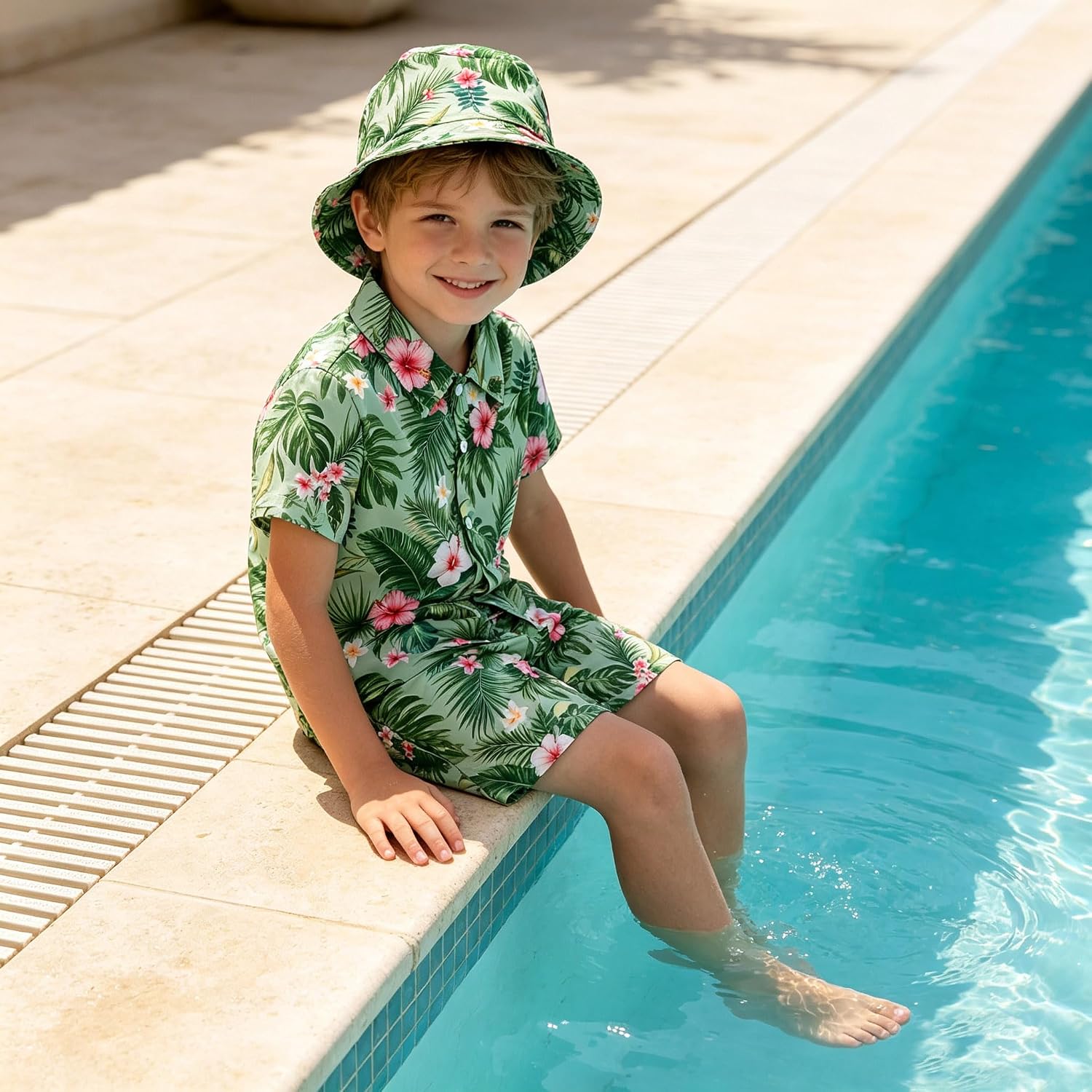 Boys Hawaiian Outfit 3Pcs Kids Summer Beach Clothes Shirt Shorts Hat