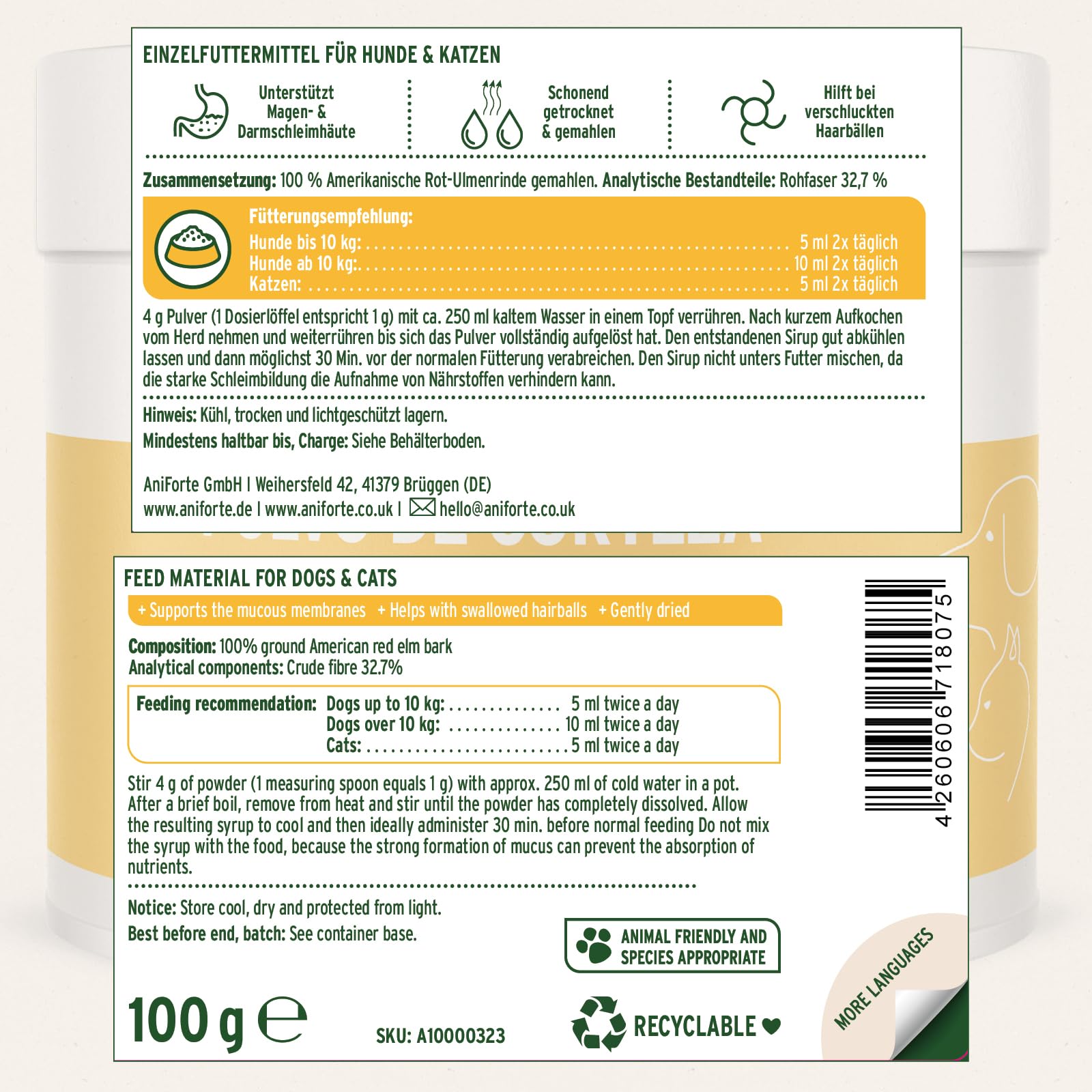 AniForte Polvo de Corteza de Olmo Rojo 100g. Producto Natural para Perros y Gatos. Ayuda al Equilibrio de la Flora Intestinal. Bienestar para el Sistema Gastrointestinal con Gran Aporte de Vitaminas