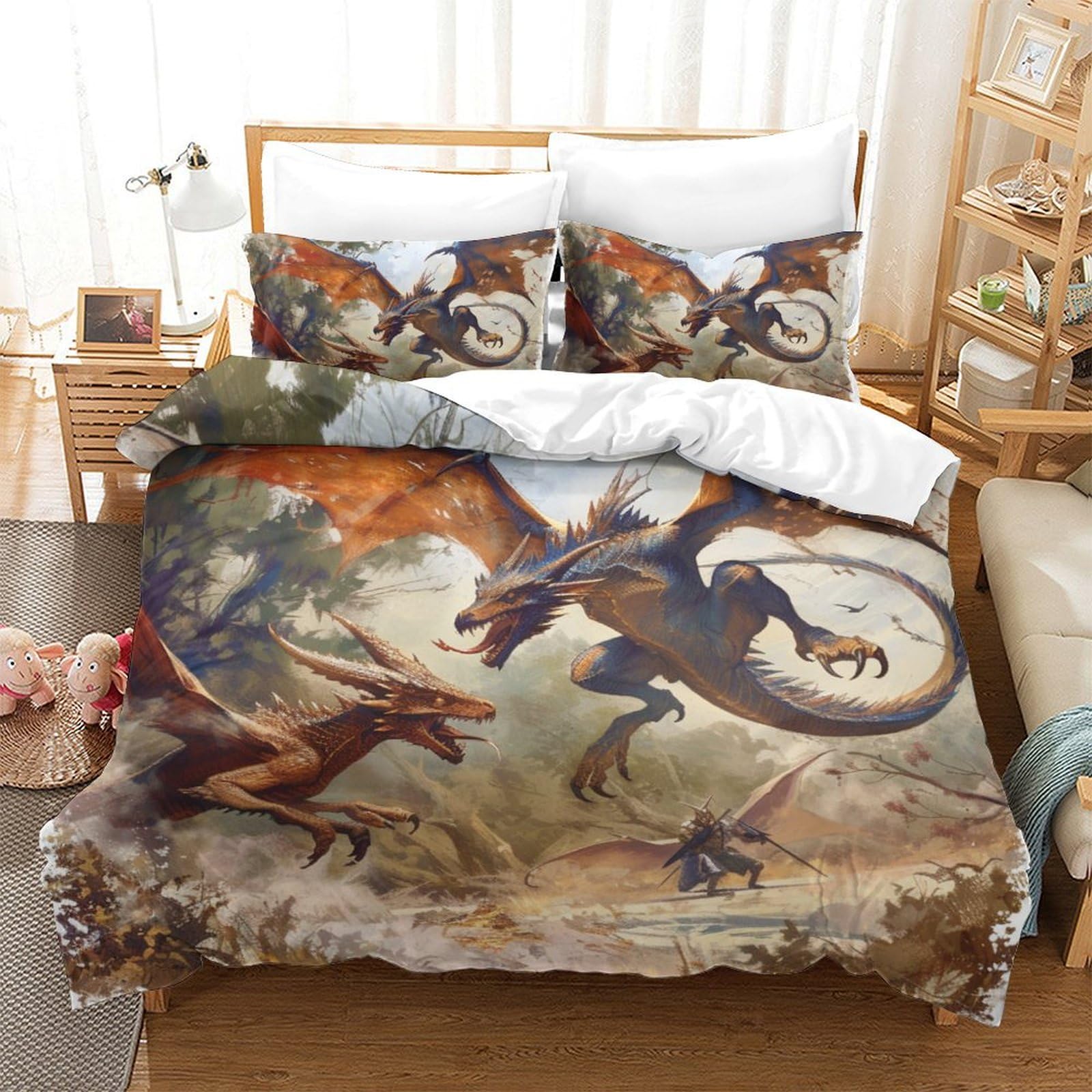 Housses de couettes ptérosaure de feu 3 pièces grand lit king 220x240cm microfibre