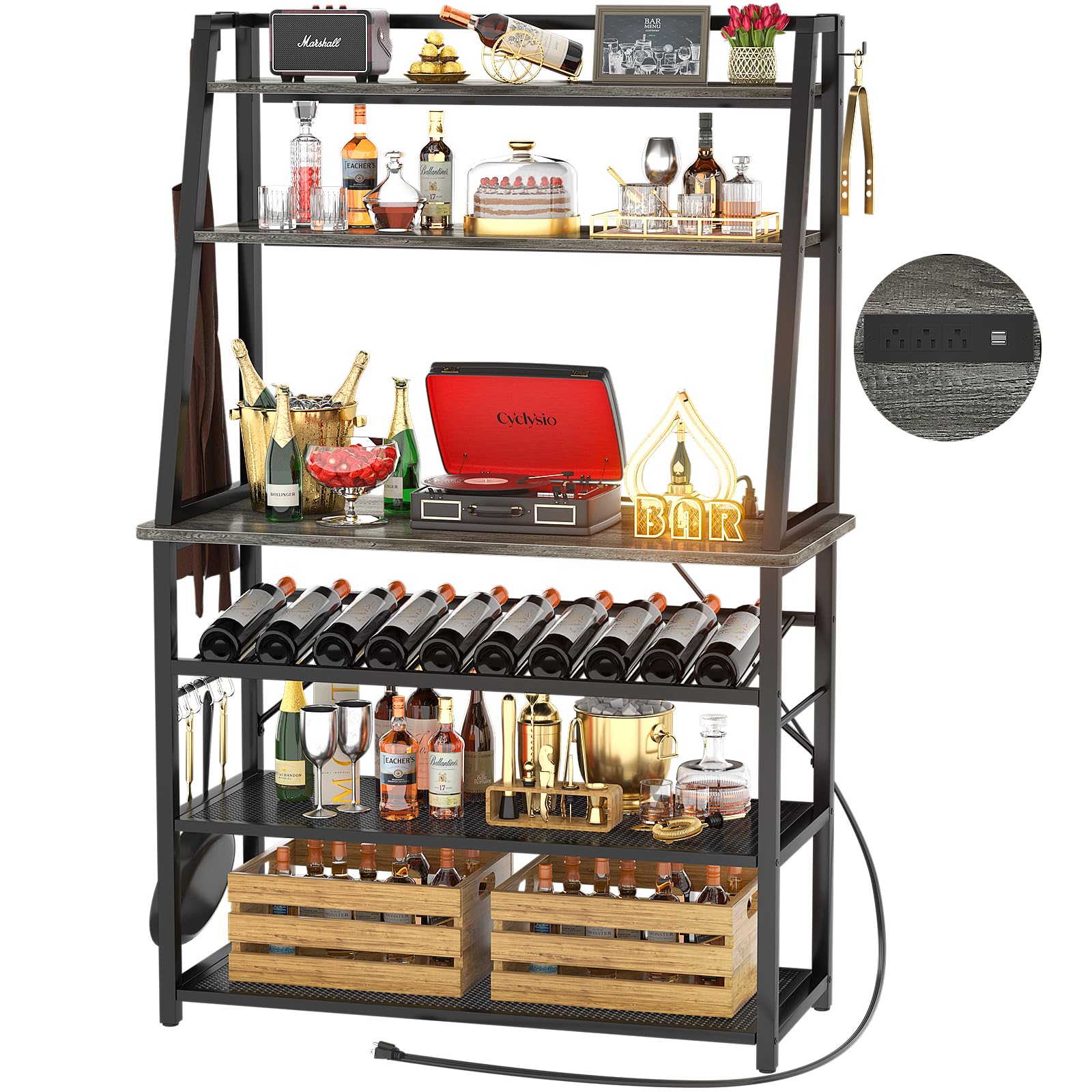 Cyclysio Wine Bar Cabinet with Power Outlet, 66 Inch Large Coffee Bar Cabinet with Hutch, 6-Tiers Freestanding Liquor Cabinet with Storage for Kitchen, Dining Room, Living Room, Grey
