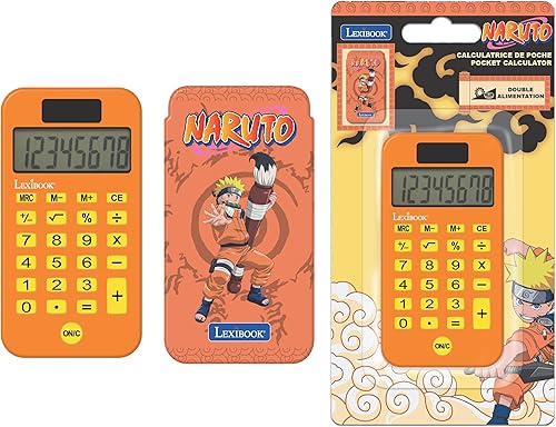 Lexibook, Naruto, Calculadora de bolsillo con cubierta de protección, funciones de calculadora convencionales y avanzadas, batería y energía solar,