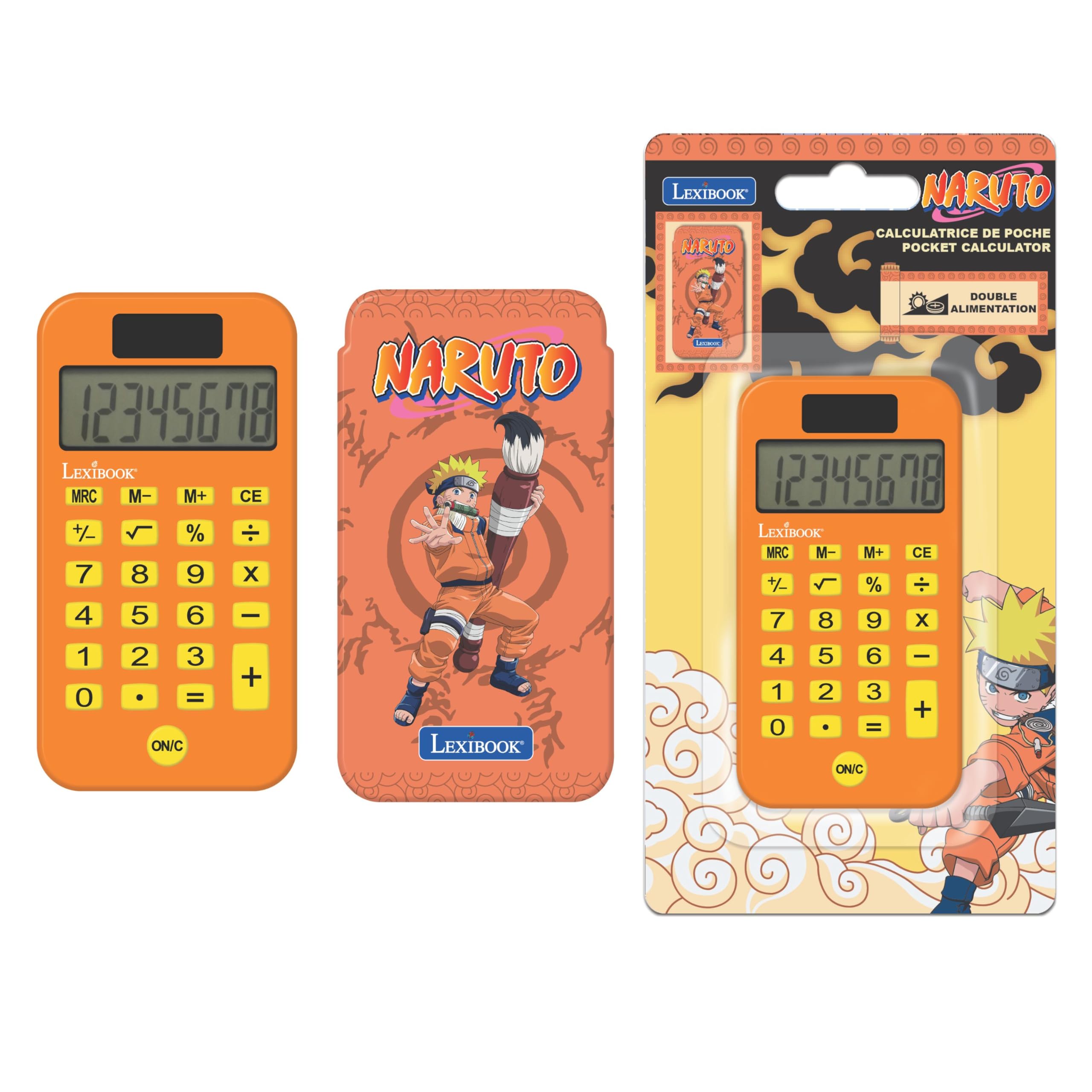 Lexibook, Naruto, Pocket Calculator with Protection Cover, Conventional and Advanced Calculator Functions, battery and solar-powered, Orange, C45NA