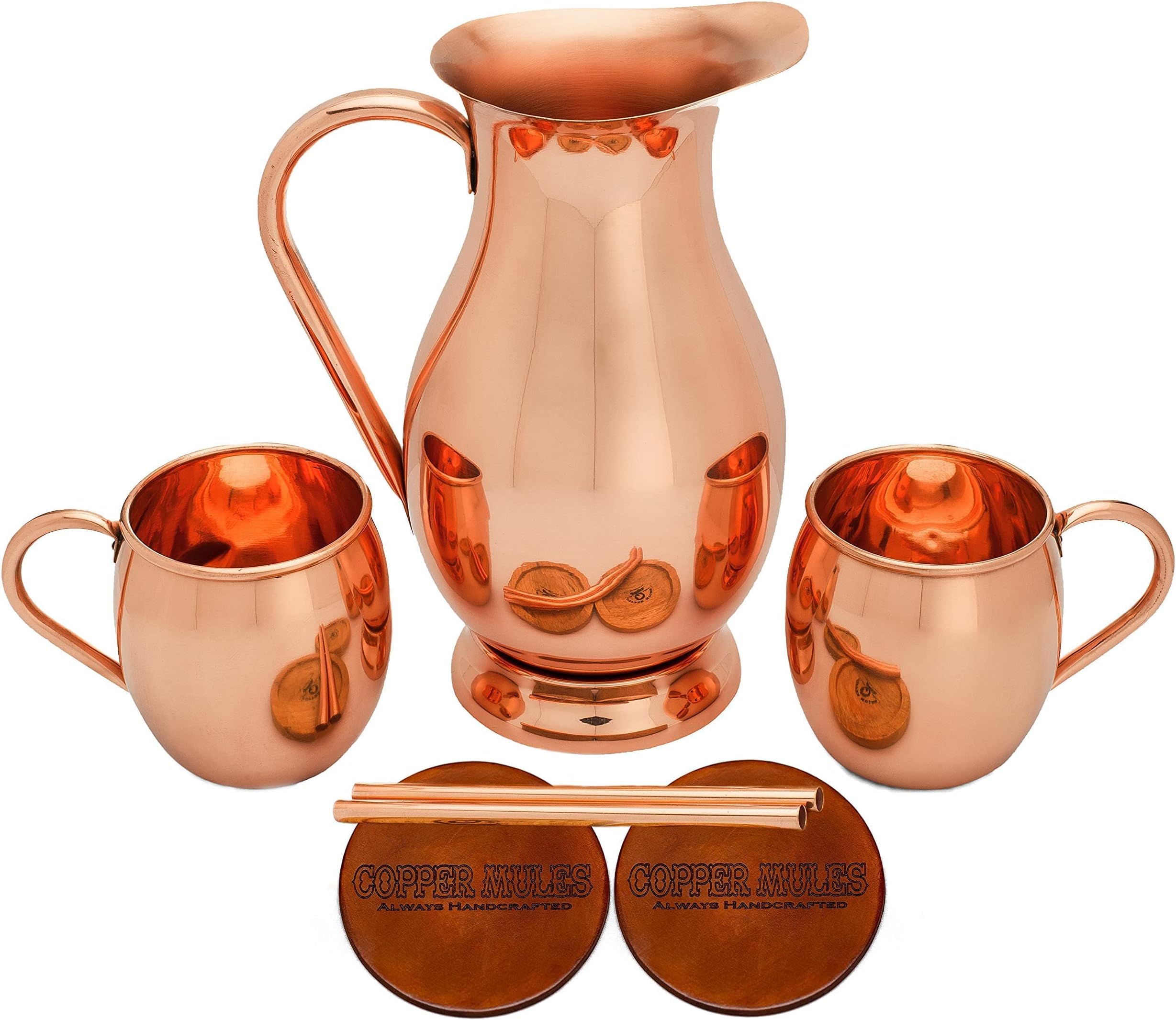 Elegant Copper Pitcher (70oz) with lid and Copper Mugs Set - Handcrafted by Highly Experienced Artisans