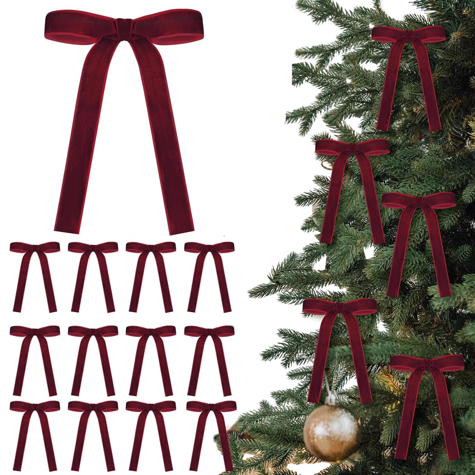 12Pcs Wine Red Christmas Tree Bows - Burgundy Velvet Bows Christmas Tree Ornaments Vintage Ribbon Bow - Xmas Decorations Bow Ribbon For Ornaments Home Party Decorations