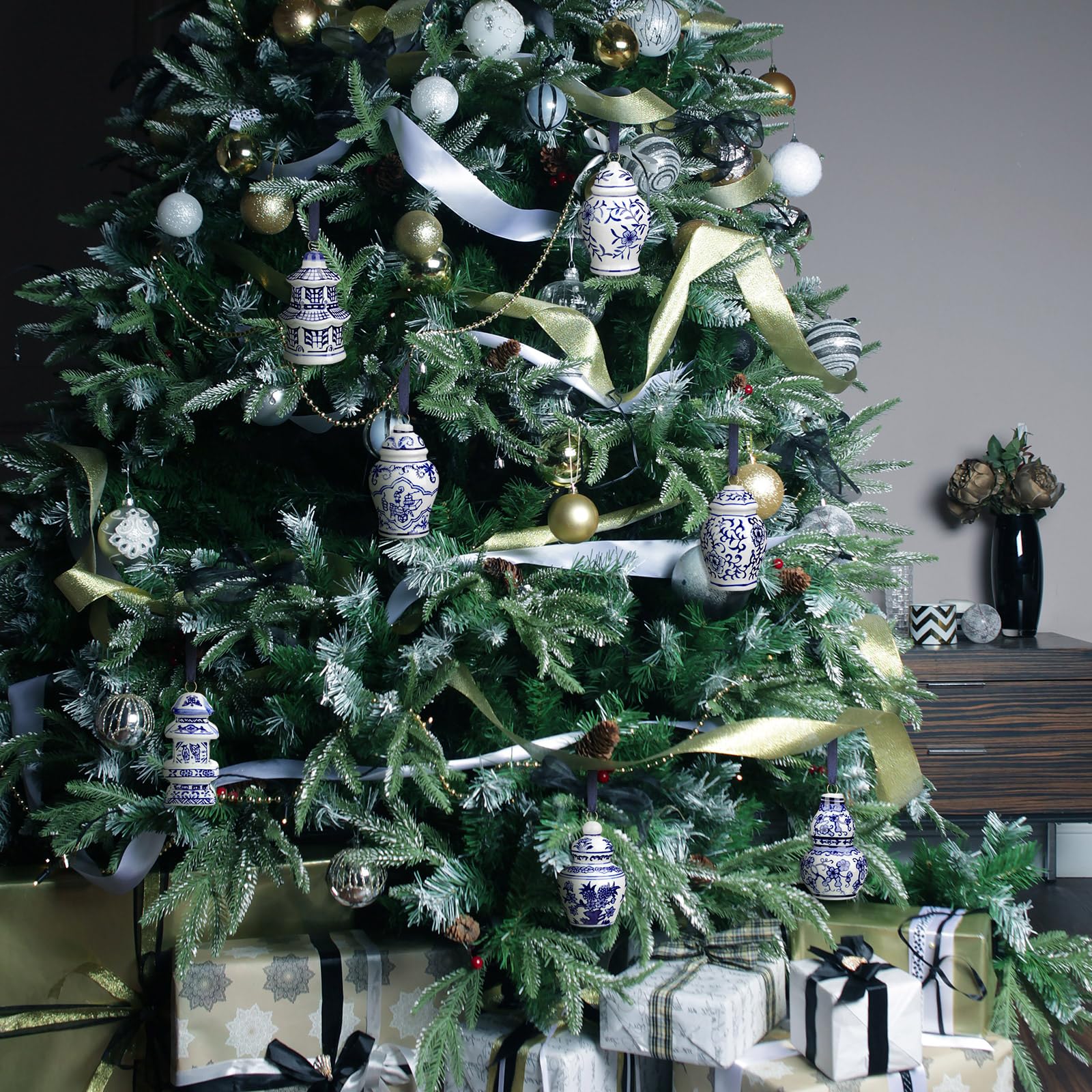 Gerrii - Lot de 40 décorations de Noël en bois de style chinoiserie - Pots en gingembre à suspendre - Décor bleu et blanc pour sapin de Noël