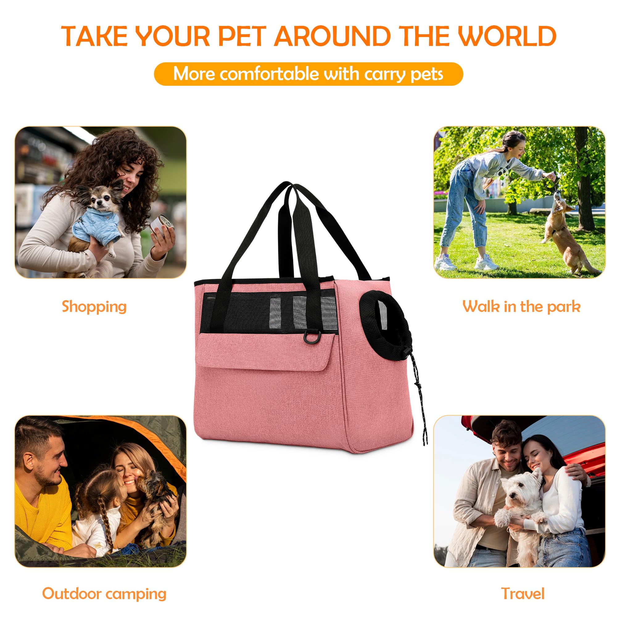 ALLSOPETS Sac pour Chien Sac à Main Respirant pour Chat Sac à Bandoulière pour Animaux de Compagnie Sac de Transport pour Chien avec Laisse de Sécurité et Poches pour Chiens Chiots Chats Rose
