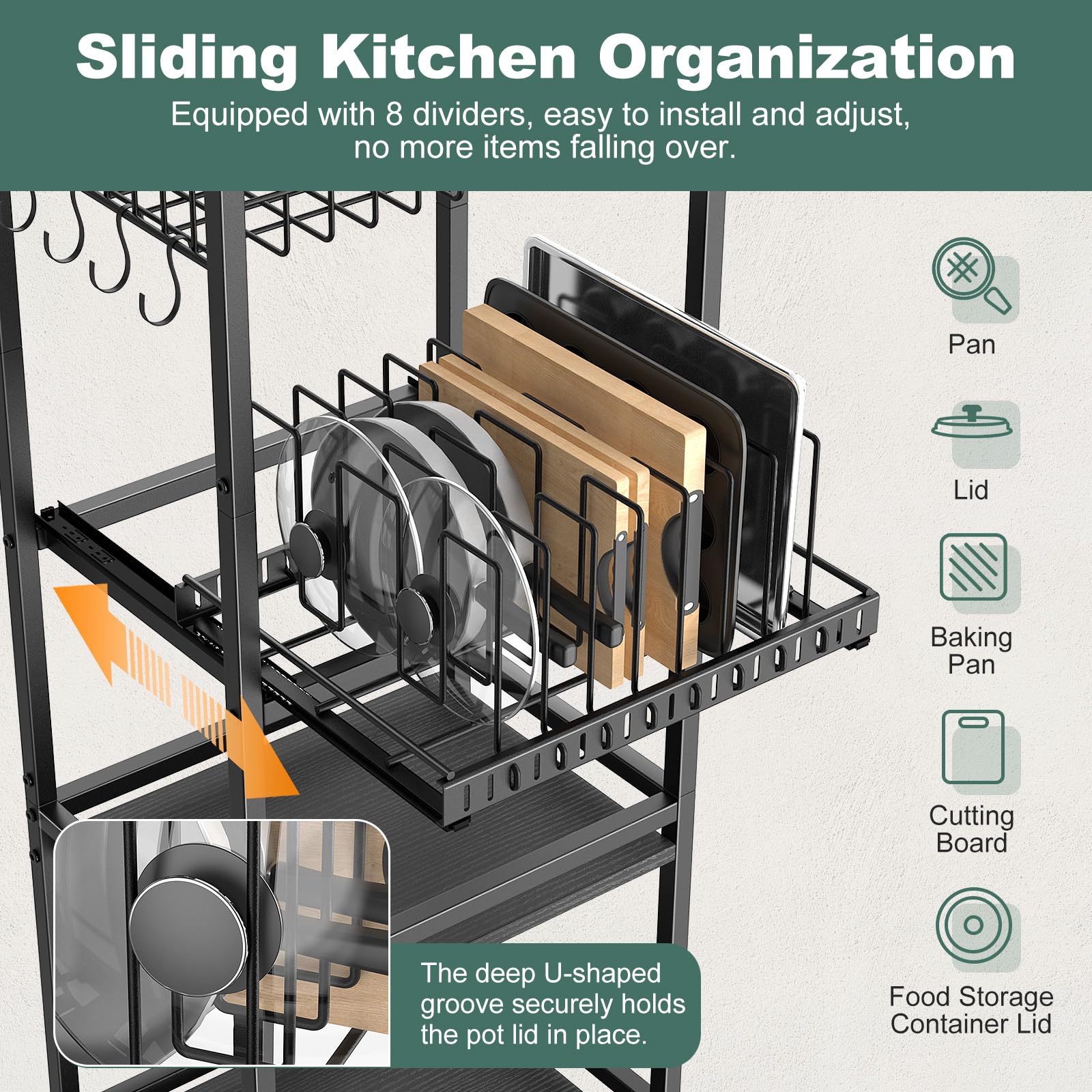 Housolution Carrello da Cucina a 5 Ripiani, Carrello Portaoggetti con Cestino in Metallo e Organizer per Tagliere e Coperchi Estraibili, Scaffale con Ripiano in Legno per Cucina, Dispensa, Bagno