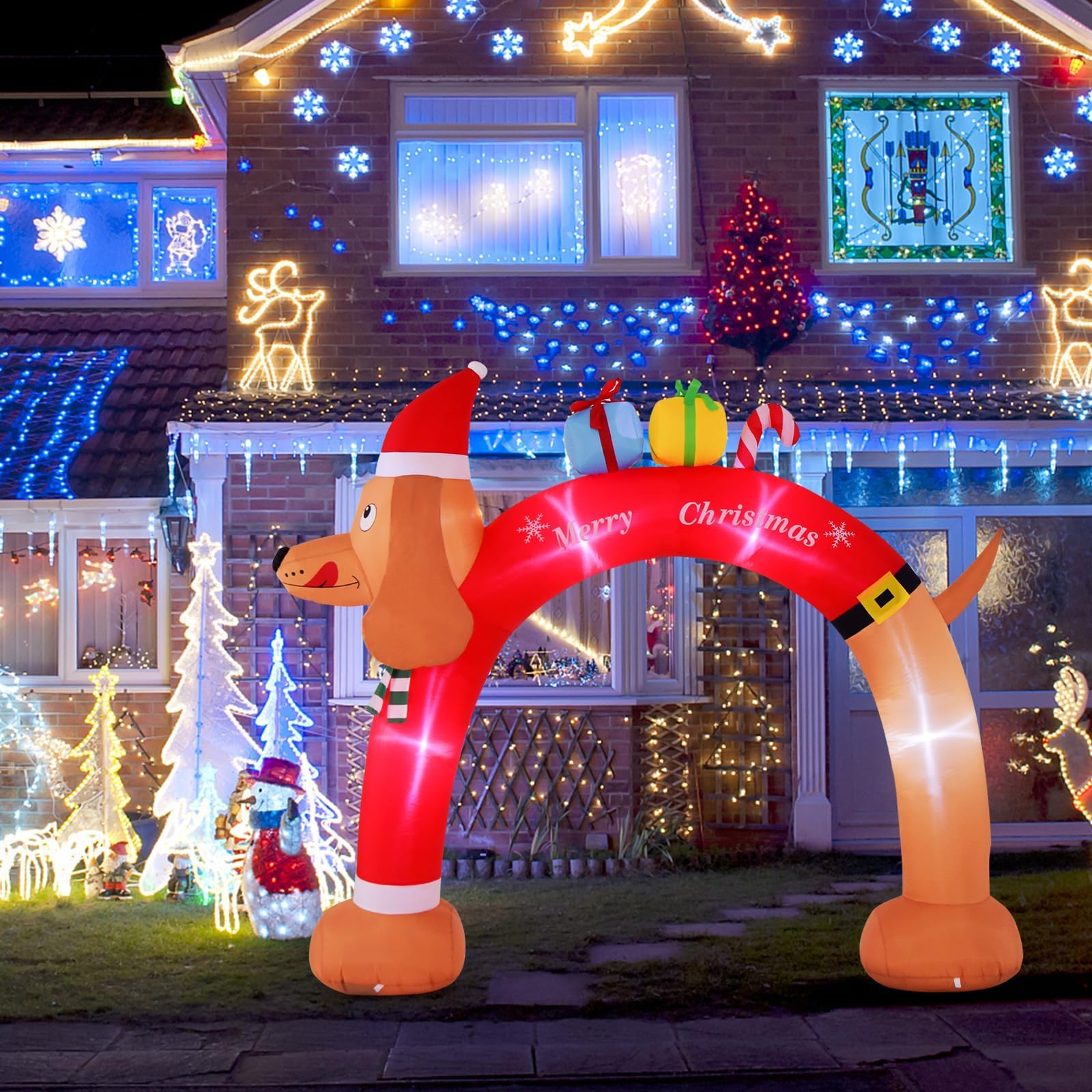 COSTWAY aufblasbarer Weihnachtsbogen Dackel, 242cm Weihnachtsdekoration mit LED & Tragetasche, Weihnachtsdeko groß Outdoor, Weihnachtsbeleuchtung für Garten, Hof, Terrasse, selbstaufblasend