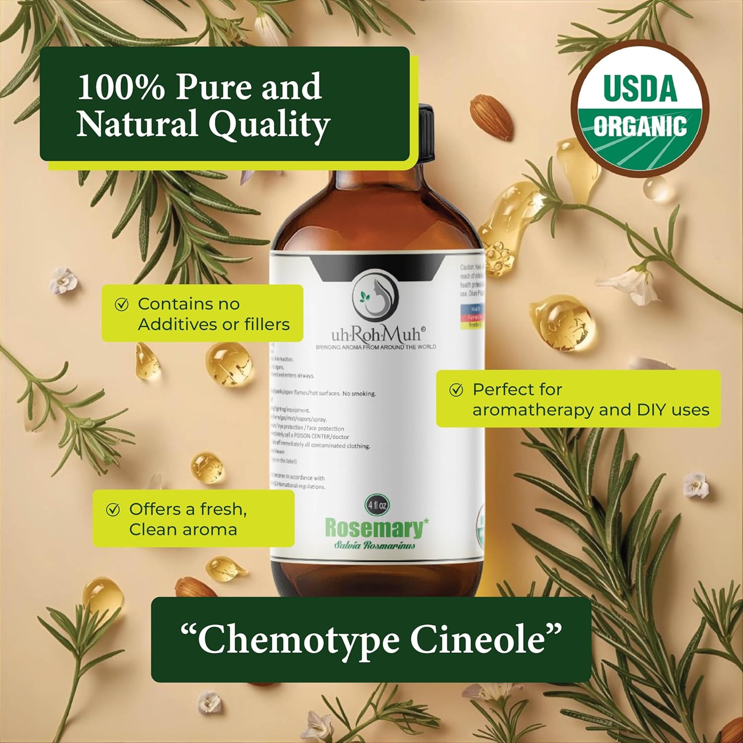 Organic Rosemary Essential Oil Chemotype Cineole | 100% Pure Steam Distilled Rosemary Oil | Fresh Herbaceous Aroma for Diffuser Aromatherapy, Massage Blends & DIY Recipes | Spain - 4 Fl Oz