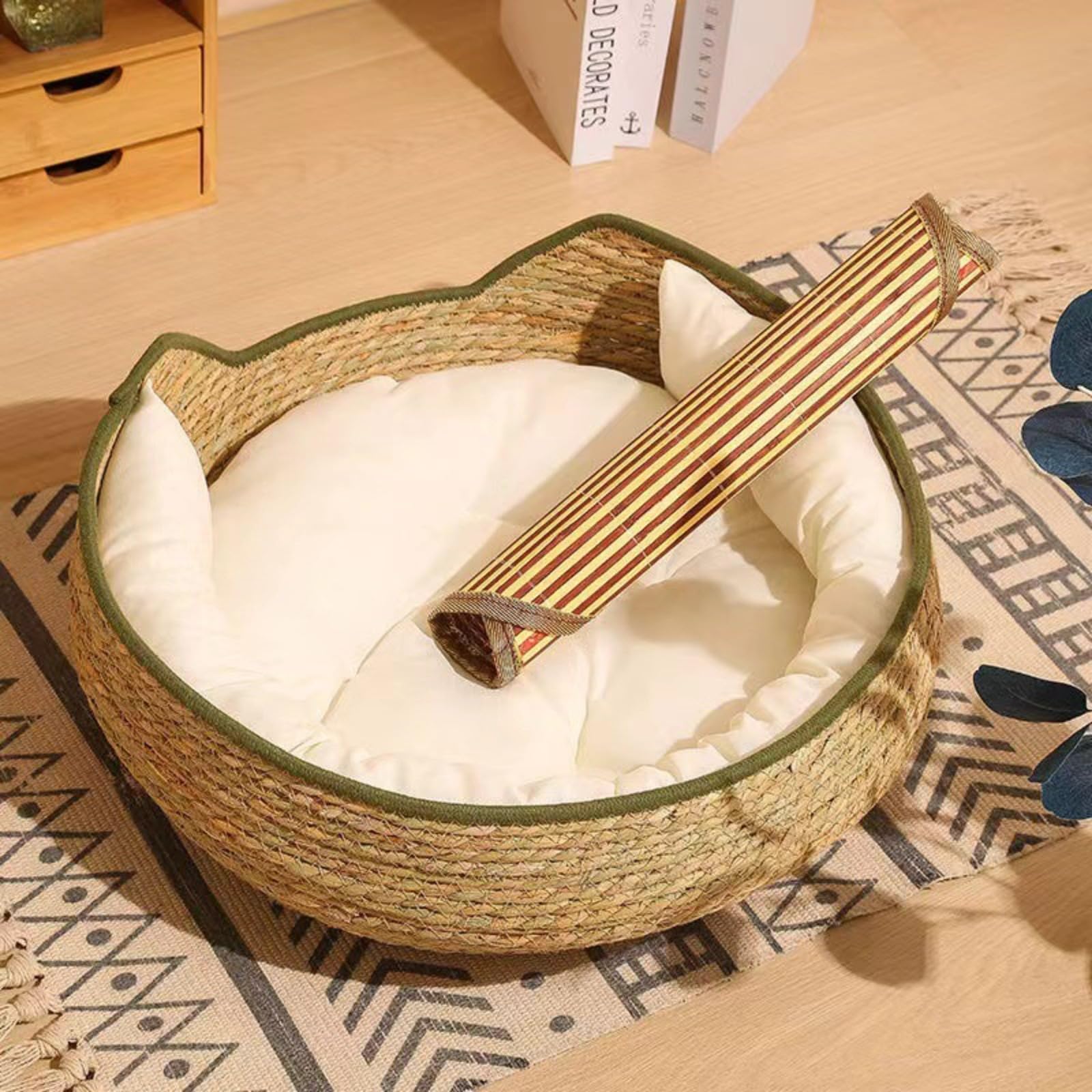 Générique Panier Rond pour Chat en rotin de 43 cm x 16,9 Pouces avec Rembourrage en Coton, Lavable et résistant aux griffures, décoration intérieure (Vert Militaire)
