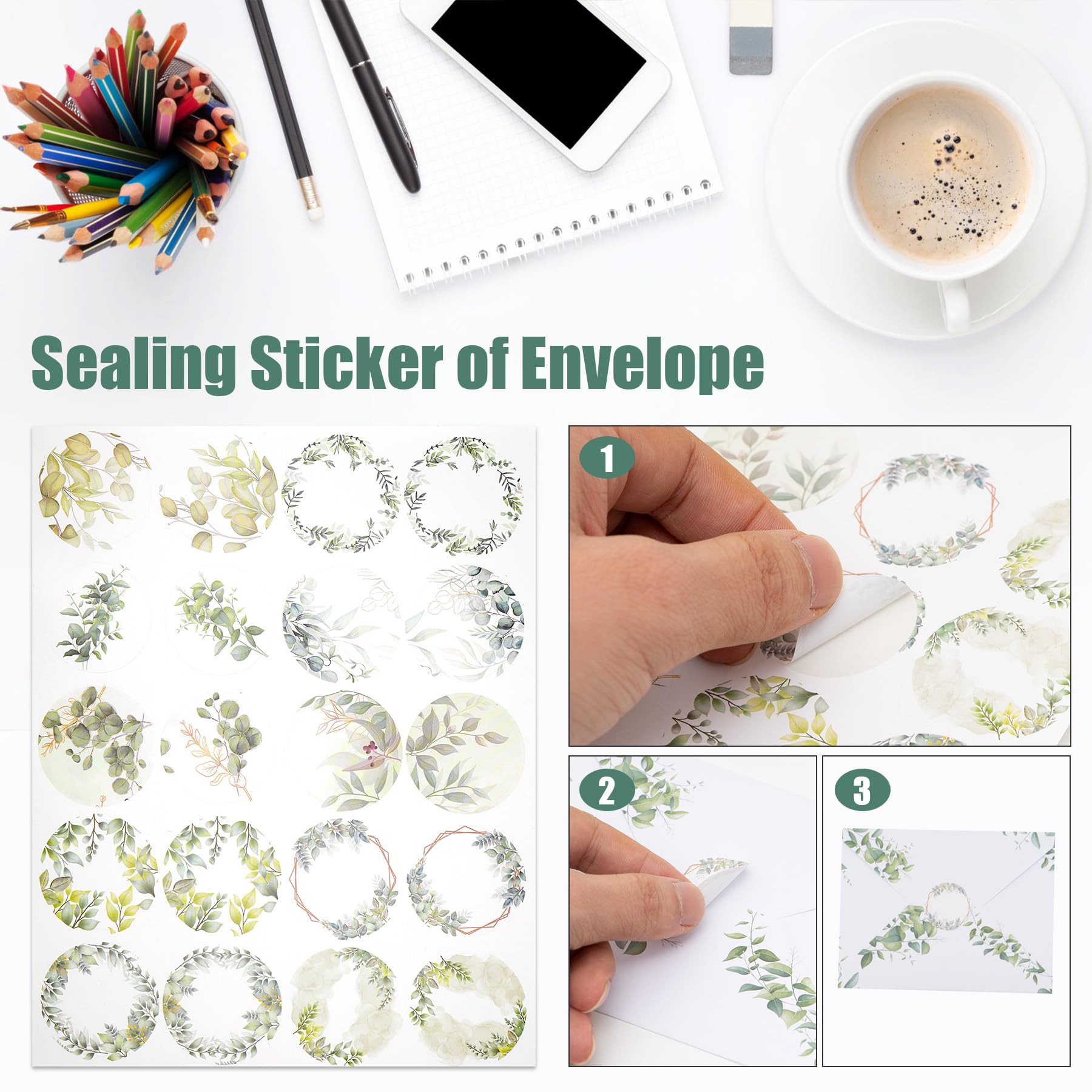 RAORAOYUE 160 Pcs Eucalyptus Stationery Paper Set, 50 Stationary Paper 50 Envelopes 60 Round Dot Sticker, 3 - Image 4