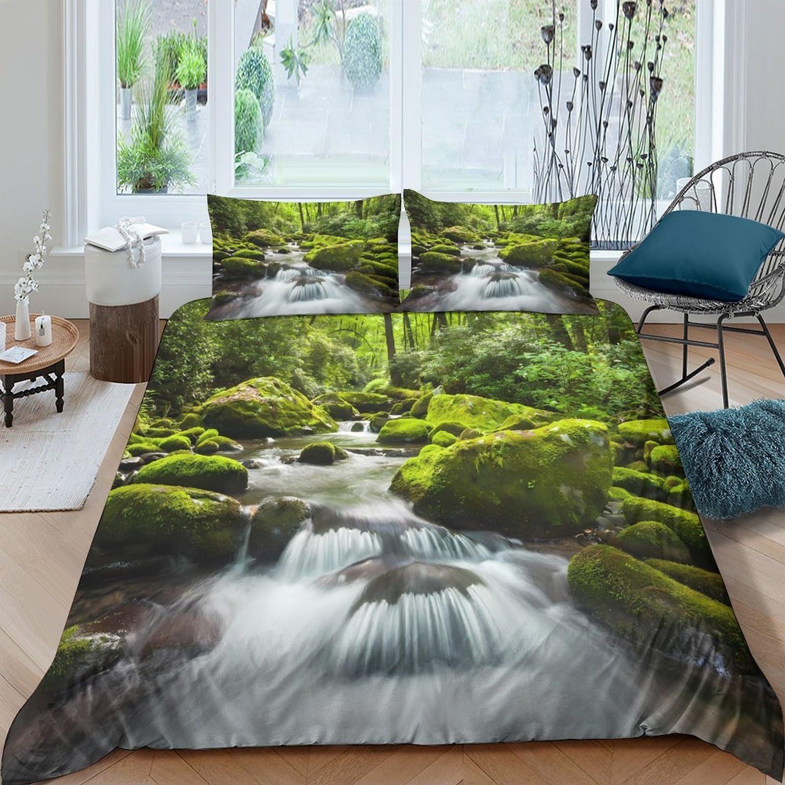 Ctjqhvkz Style-8 3D Printed Forest Stream Fitted Sheet Microfiber Anti-Slip Easy Care Moss Waterfall Mattress Cover For Bedroom Decor Single（135X200cm）