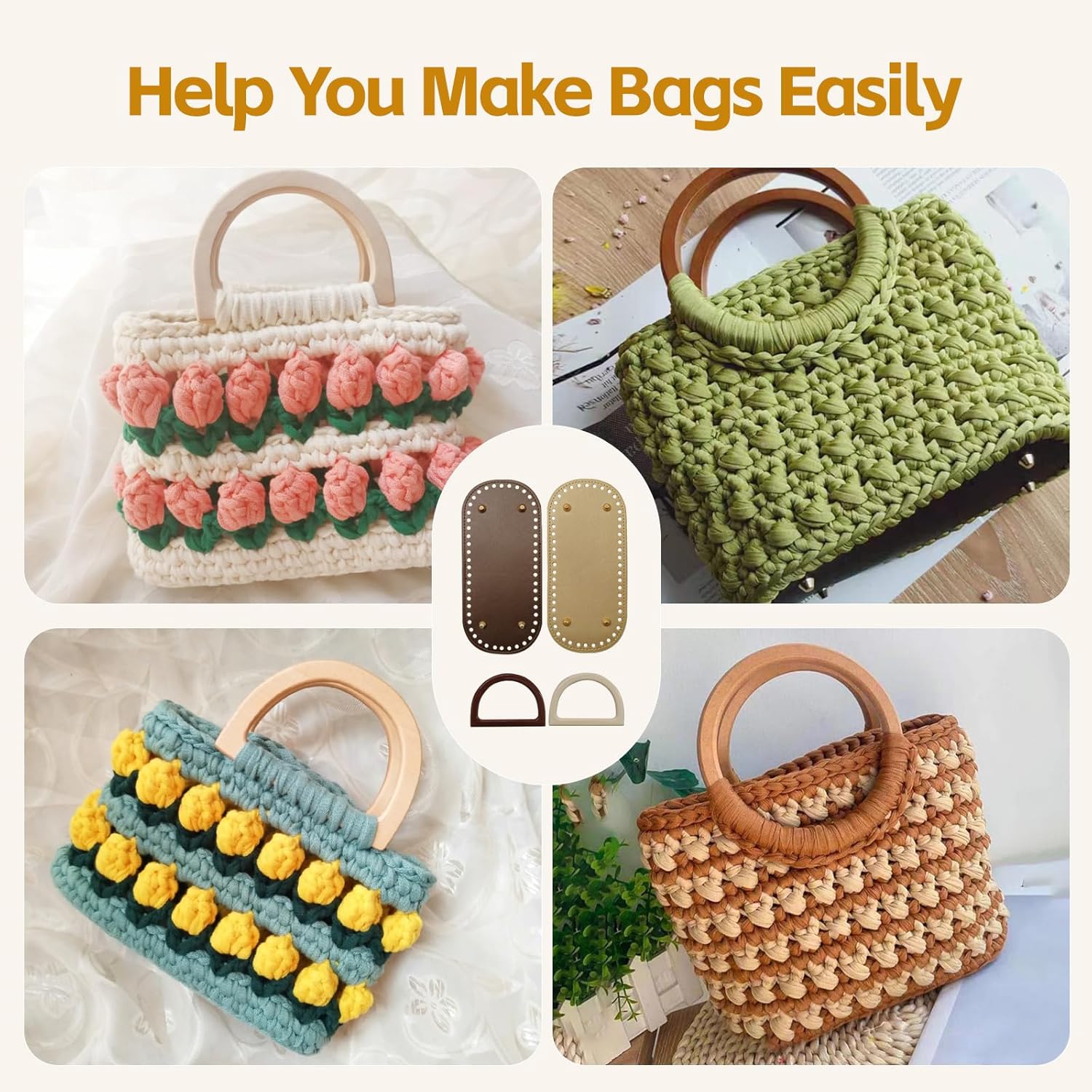 4+8 PCS Bag Bases for Crochet with D Shape Purse Handles for Bag Making, 2 PCS Crochet Hooks, 4 Colors Leather Purse Bottoms for Crocheting DIY - Image 7