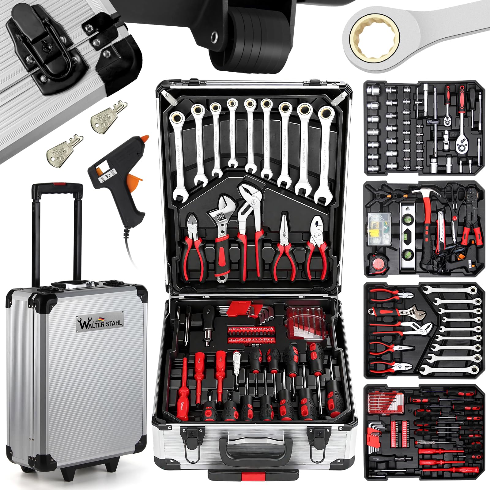 WALTER STAHL Werkzeugkoffer gefüllt 409 tlg | Werkzeugkasten | Aluminiumkoffer | Werkzeug Set | für Werkstatt und Haushalt, inkl.Schraubenschlüssel, Zangen etc