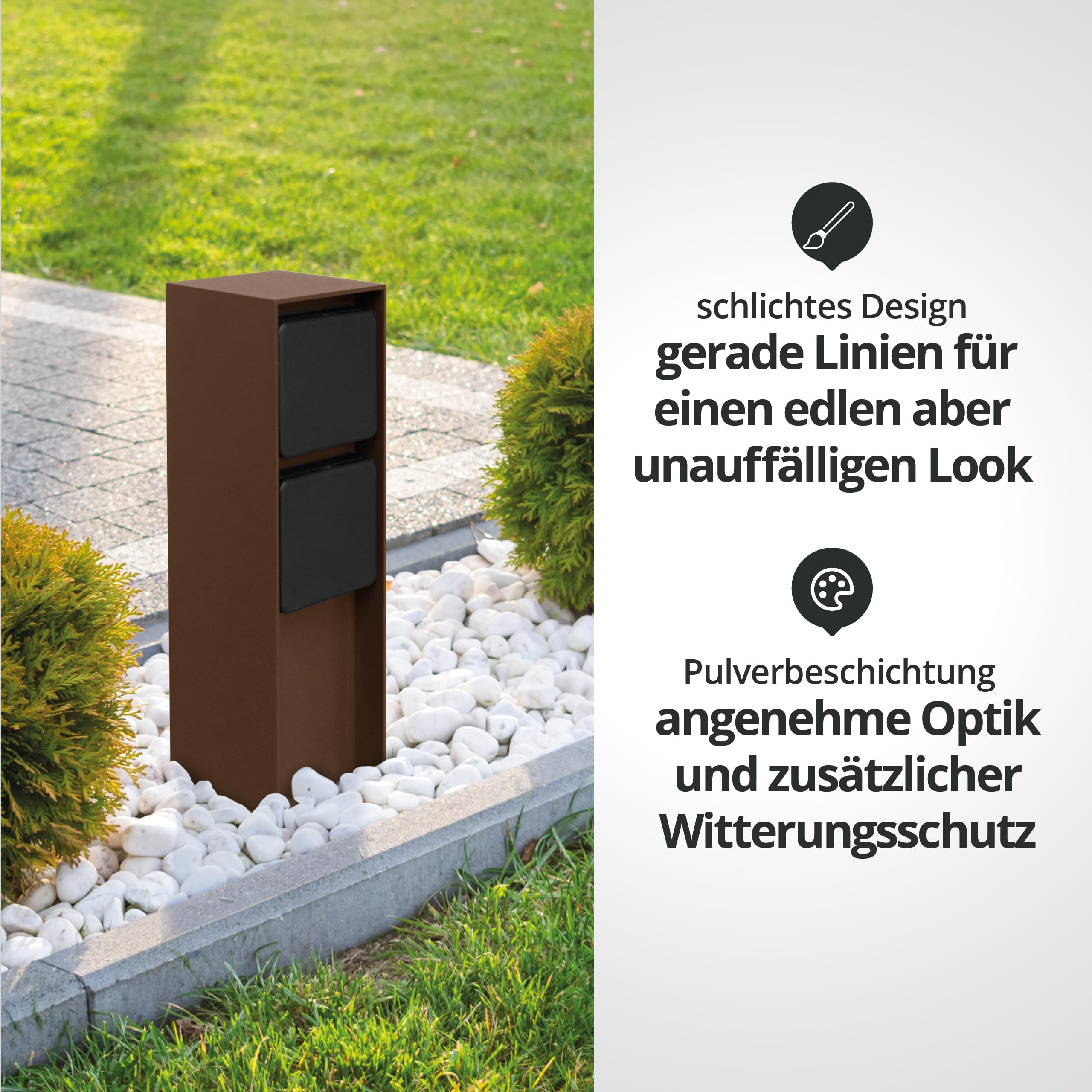 LED Universum - Enchufe exterior "ADAM", color marrón rojizo con cubiertas negras, 2 ranuras, acero inoxidable recubierto de polvo, cableado fijo para conectar herramientas de jardín o iluminación,