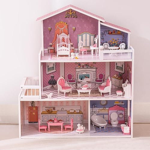 Miniatura 8 de ROBUD Juego de casa de muñecas de madera, 3 pisos, 5 habitaciones, 24 muebles, juguetes de simulación, regalo para niños pequeños y niñas