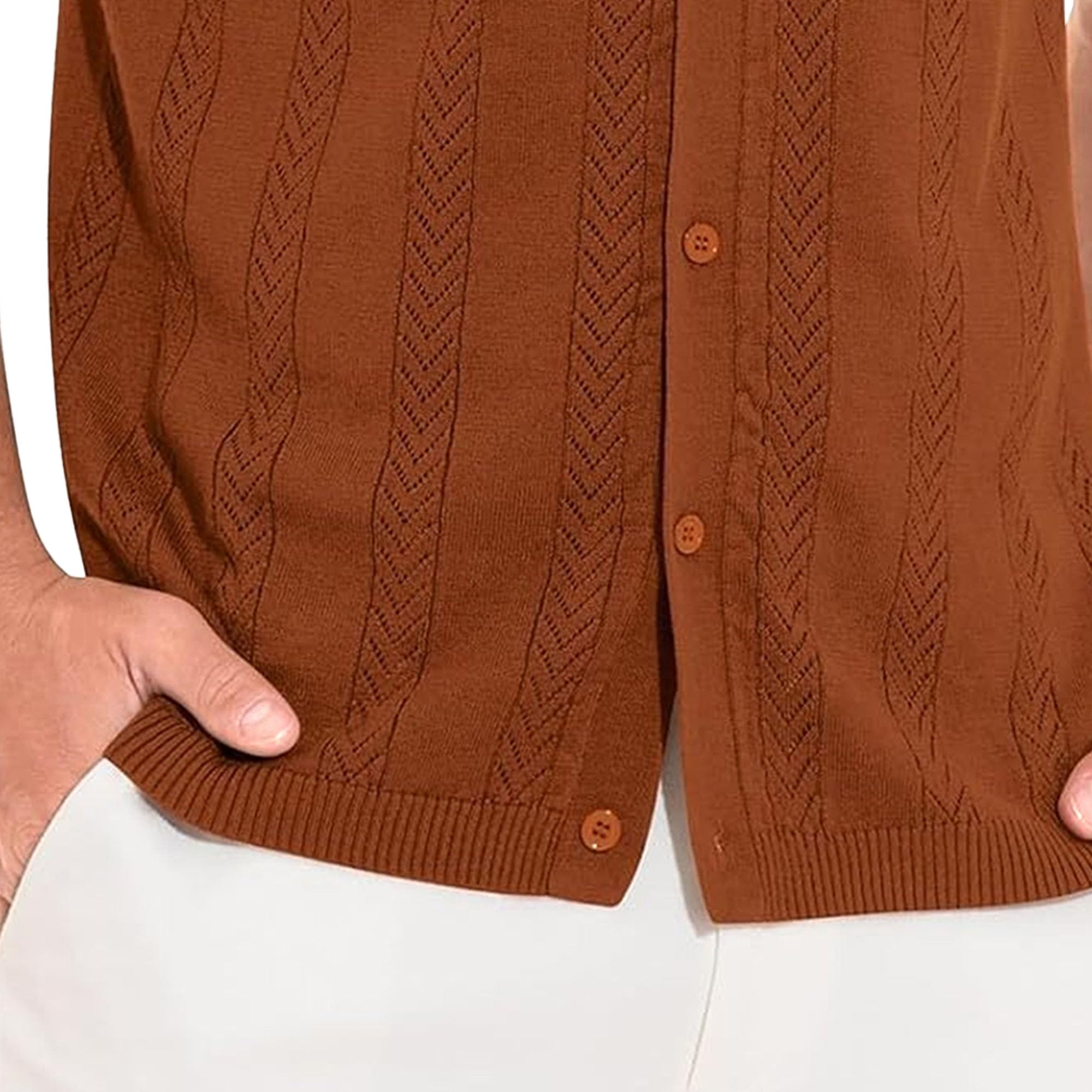 Maglietta da uomo con colletto cubano, vintage, con bottoni, per vacanze, a righe, lavorata a maglia, con bottoni, per golf e spiaggia
