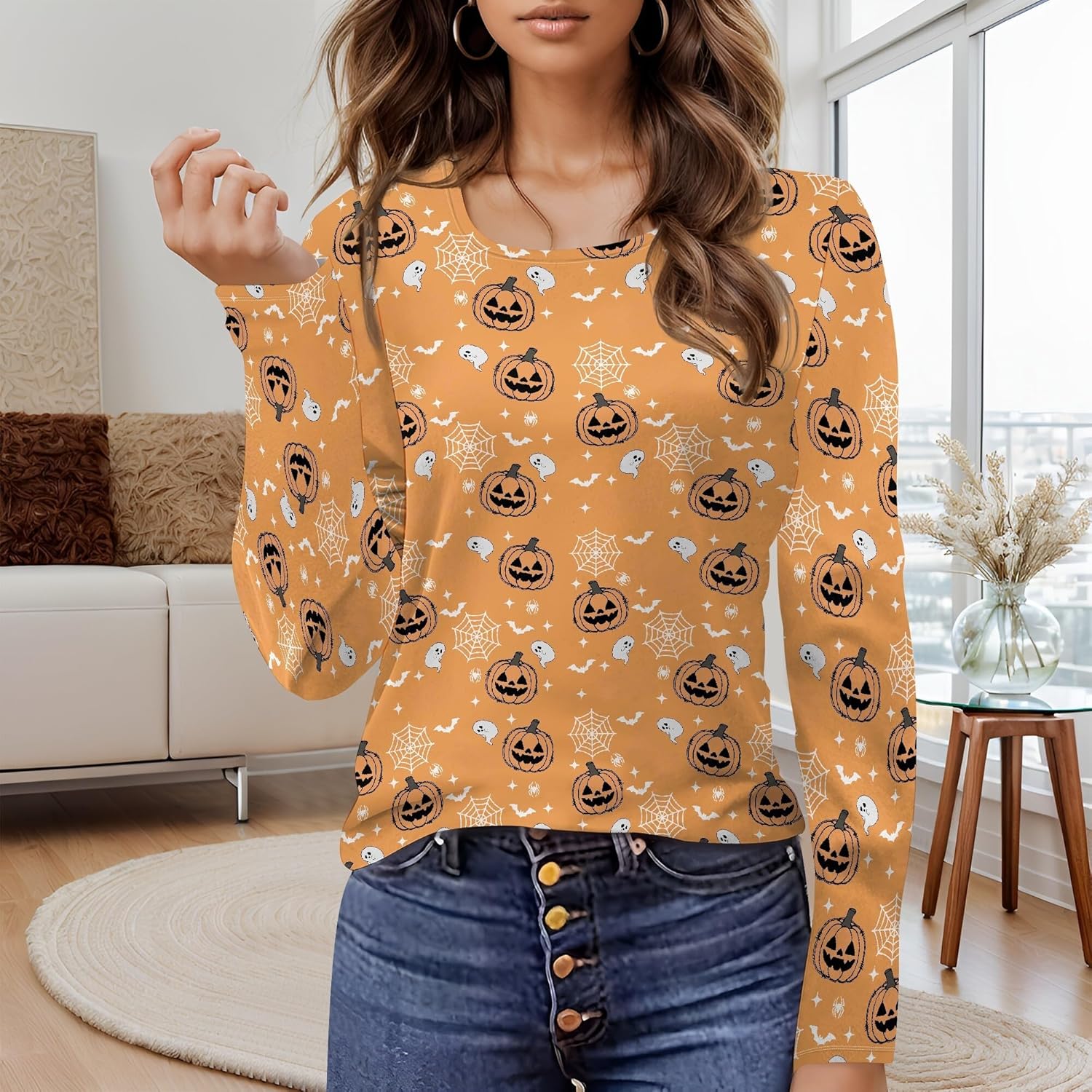 Halloween Sweatshirts For Women Cute Pullover Fall Long Sleeve Pullover U-Neck Halloween Crazy Party Club Clothes - Image 2