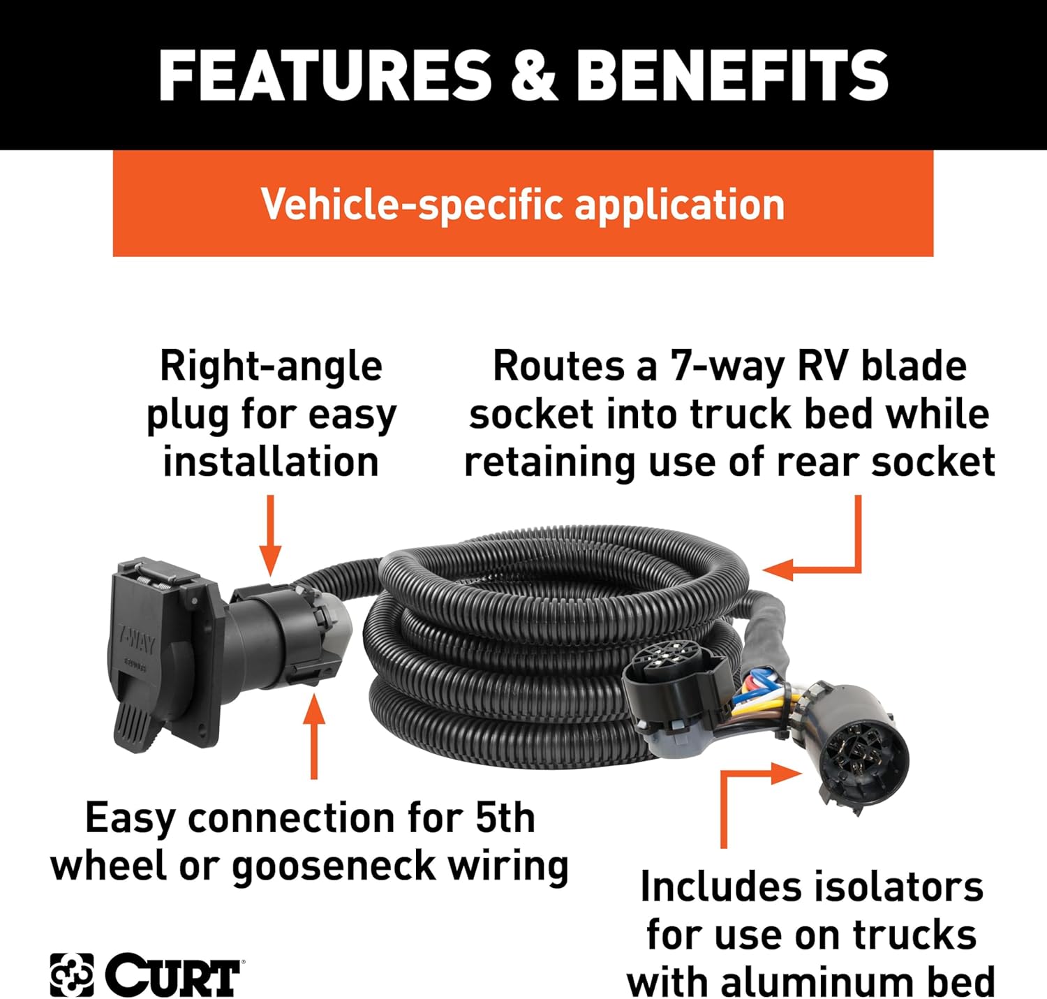 CURT 57010 10-Foot Vehicle-Side Truck Bed 7-Pin Trailer Wiring Harness Extension, Select Ford F-150, F-250, F-350 Super Duty