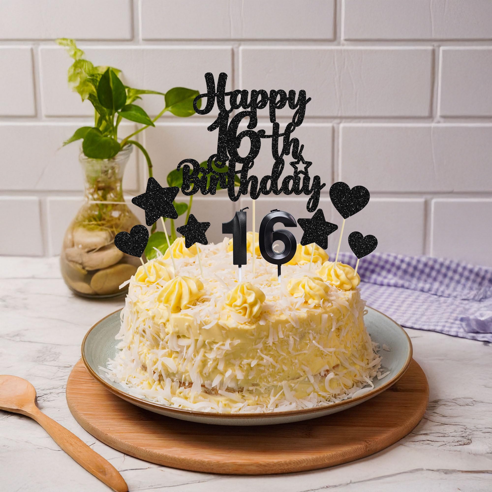 Gyufise 15Pcs Happy 16th Birthday Cake Topper Set including Heart Star Glitter Cheers to 16 Years Cake Picks Number 16 Candles Cake Decorations for Happy 16th Birthday Anniversary Party Supplies Black - Image 5
