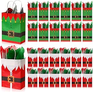 Blulu 16 PCS Christmas Elf Gift Paper Goody Bags Christmas Elves Suit Print Treat Xmas Party Bags With Tissue Handle Kraft Paper For Xmas Gift Holiday