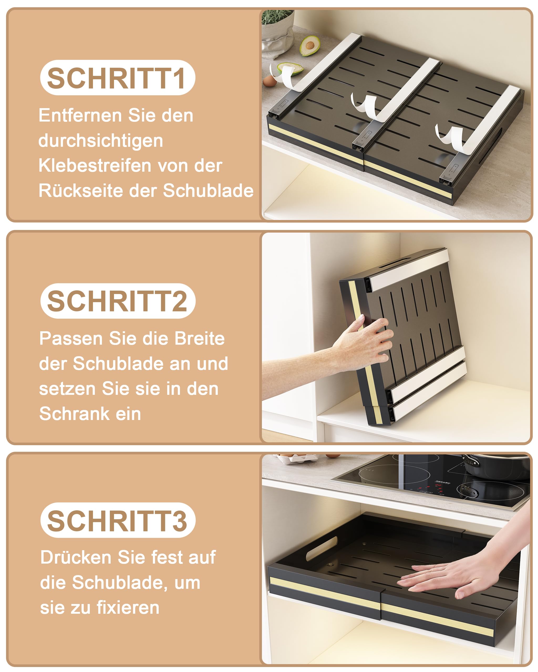 UMDONX 2 Pack Ausziehbare Schublade Küche Organizer mit Kleber, Teleskopschublade Erweiterbar Schrank Aufbewahrung Einstellbare Kitchen, Metall, Schwarz