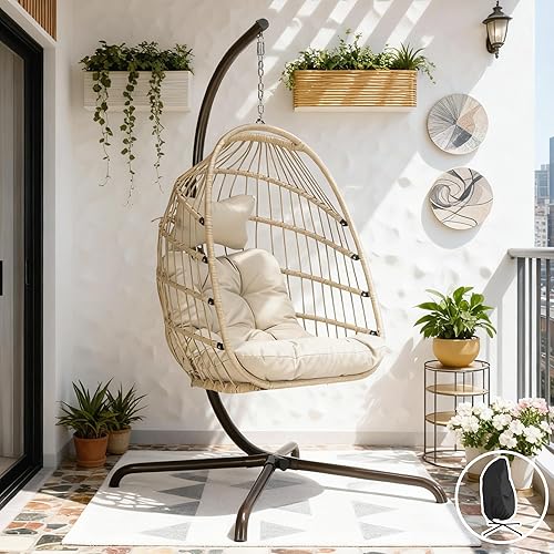 Silla colgante de huevo, de mimbre y ratán, cojines resistentes a los rayos ultravioleta, capacidad de 350 libras, para dormitorio, balcón, patio,