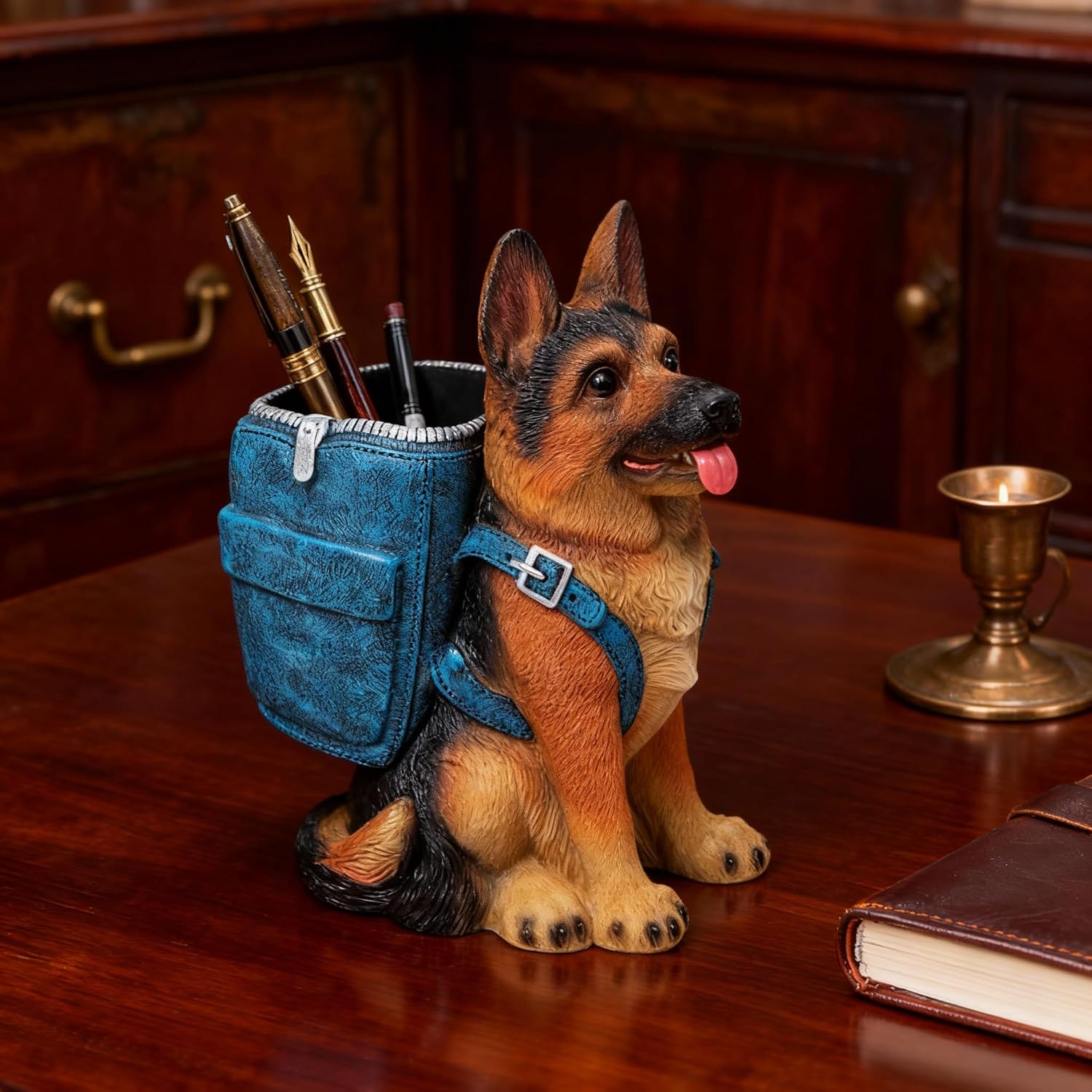 German Shepherd Pen Holder, Office Desk Organizer, Pencil Holder with Backpack, Decorative Resin Dog Statue, Pen Storage for Office, School, Home, Ideal Gift for Dog Lovers (A) - Image 2