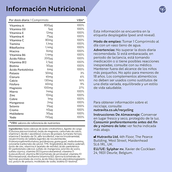 Nutravita Multivitaminas y Minerales - 90 Comprimidos Veganos - Complejo Multivitaminico Completo con 26 Esenciales Vitaminas A B C D3 E Calcio y Zinc - Vitaminico para el Cansancio - Hombre y Mujer - 5