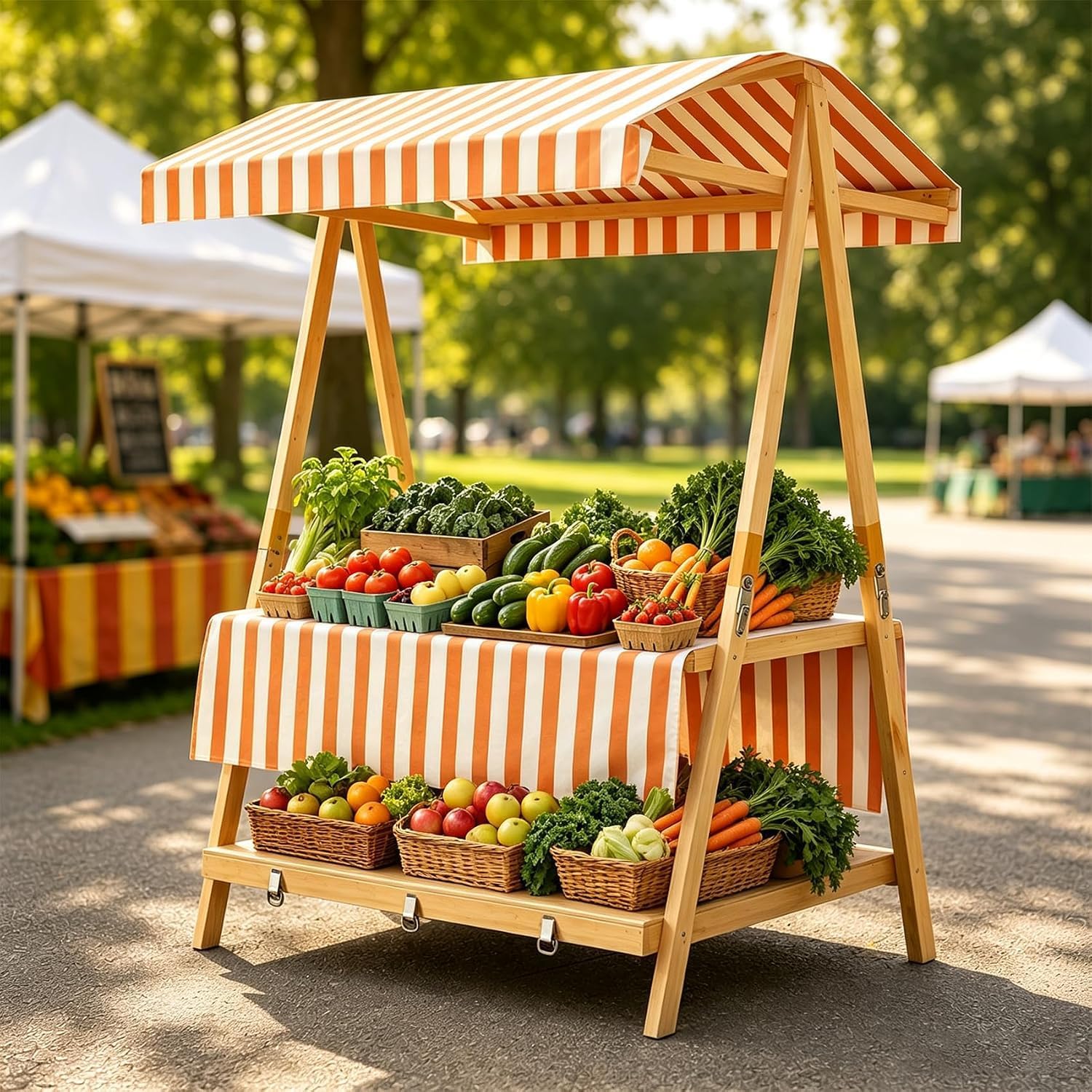 Aetherion Collapsible Wooden Display Stand with Canopy, Double Shelves, Easy Setup for Outdoor Markets and Events (43" L)