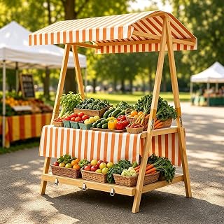 Aetherion Collapsible Wooden Display Stand with Canopy, Double Shelves, Easy Setup for Outdoor Markets and Events (55" L)