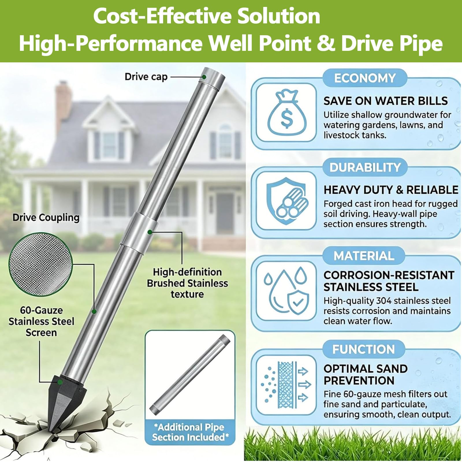 Kit Pozzo Artesiano 1-1/4 Pollici Inox, Risparmio Idrico per Giardino con Punta Filtrante e Tubi Zincati, Soluzione Estrazione Acqua Sotterranea Anti-Corrosione 3+1kit