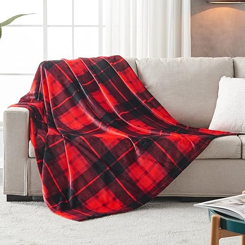 Miniatura 2 de SOCHOW - Manta de franela de forro polar de 60 x 80 pulgadas, manta roja a cuadros para cama, sofá, coche