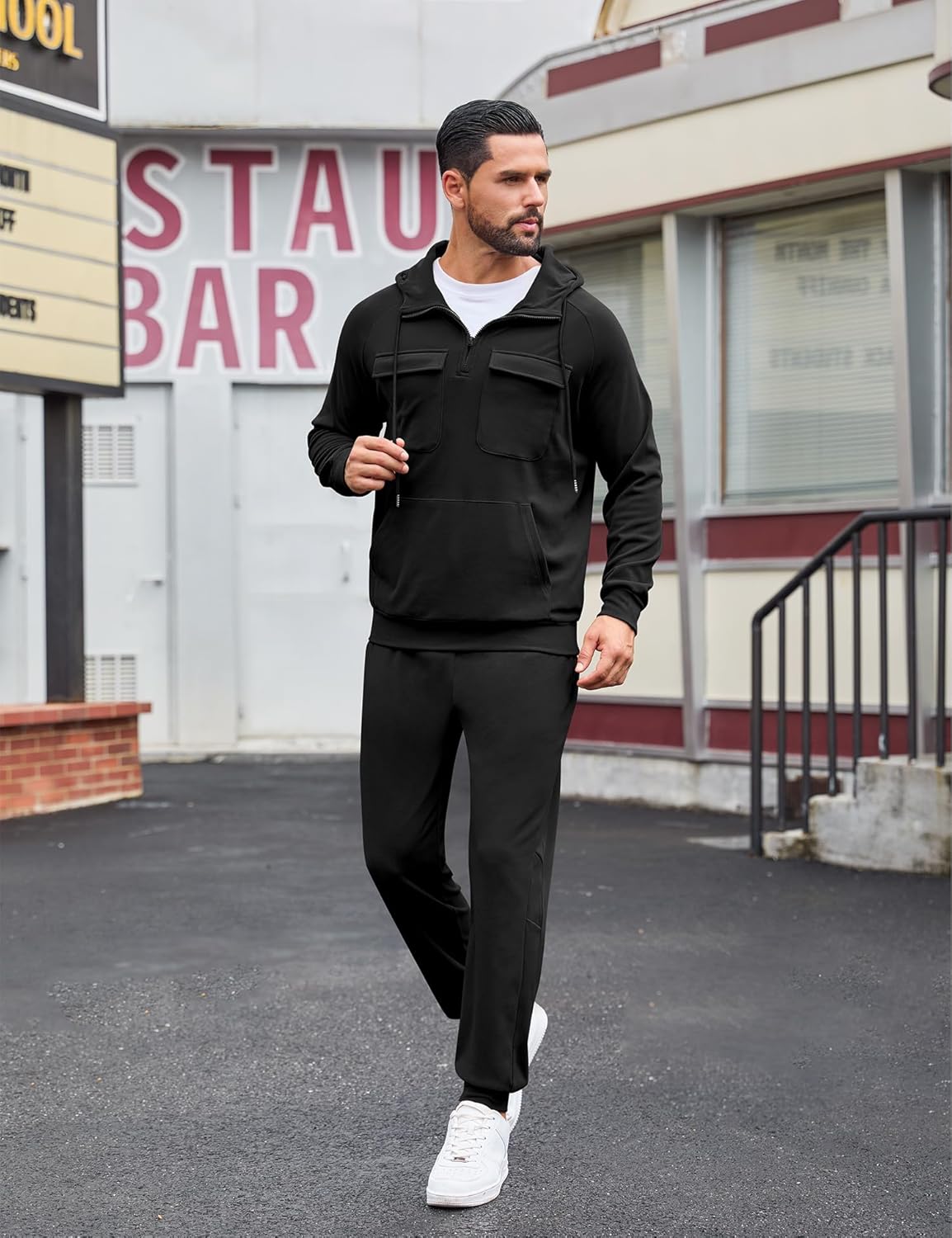 LecGee Men's Fall 2 Pieces Tracksuit Set Hoodie Long Sleeve 1/4 Zip Sweatsuits Casual Outfit With Kangaroo Pouch Pocket - Image 3