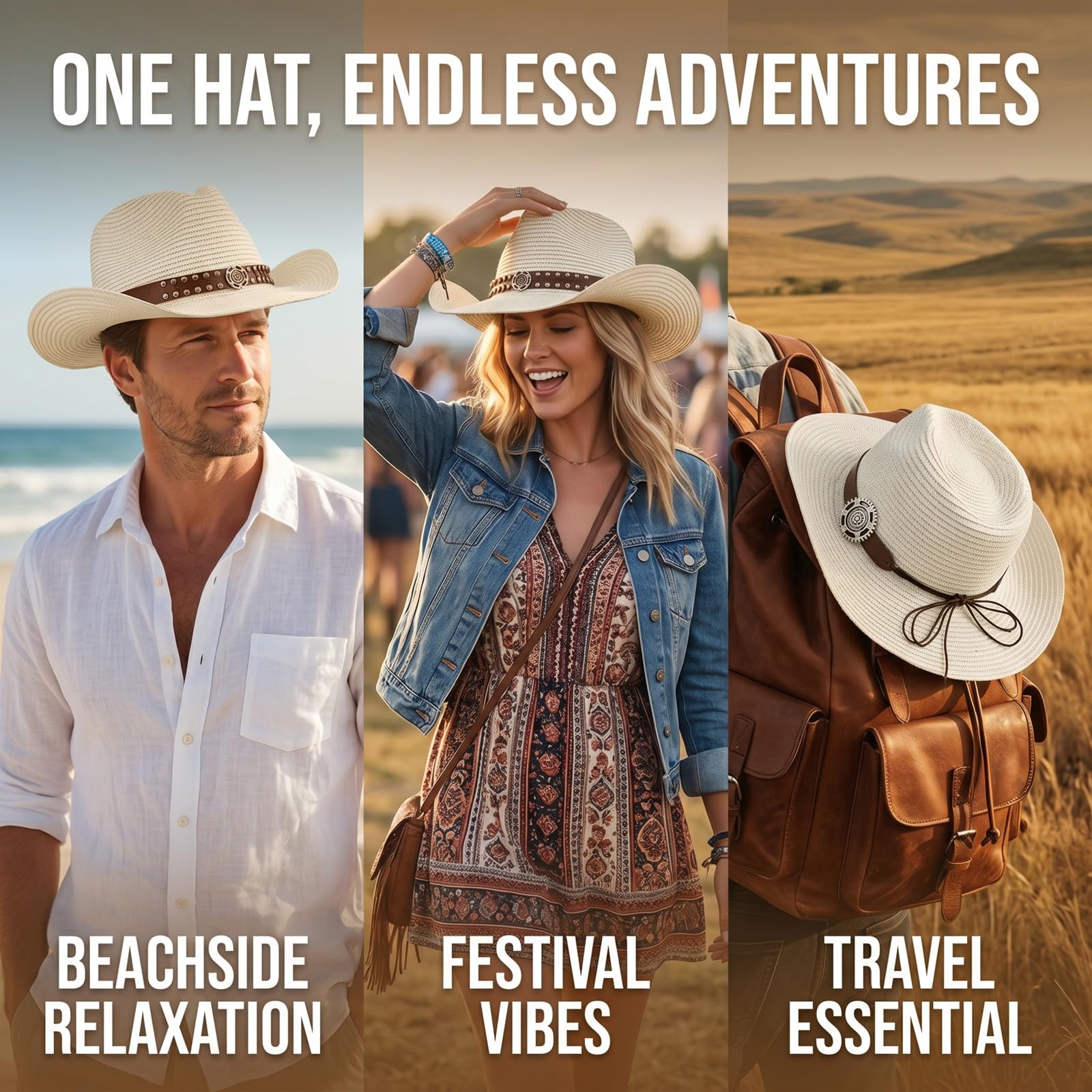 HEYANN Cappello da cowboy in paglia per uomo e donna, pieghevole, a tesa larga, estivo, con sottogola antivento, cappello da cowgirl regolabile, traspirante, protezione UV, spiaggia, giardino