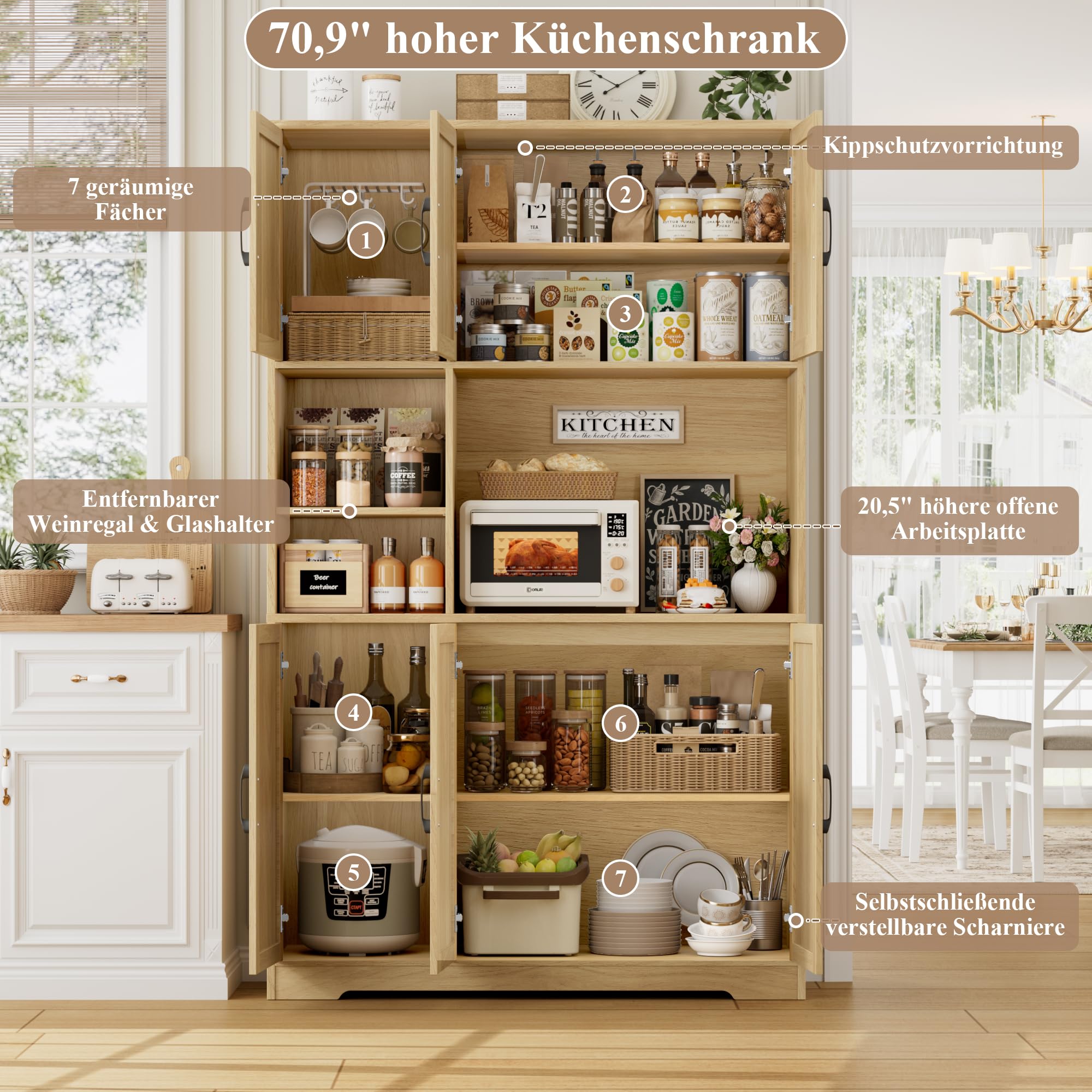 HOCSOK Credenza Cucina, Alta Dispensa Cucina con 6 Armadietti, Rimovibile Portabottiglie da parete con porta calici, Microonde con Ripiani Aperti, mobile soggiorno, Bianco (Marrone)