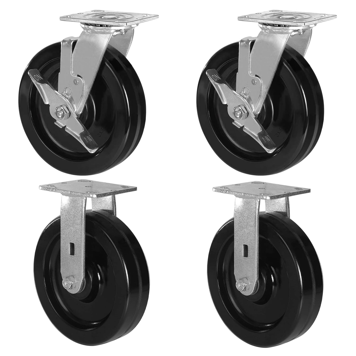 8x2 Heavy Duty Casters,Industrial Casters- Set of 4 with Strong Capacity 5600 LB, High Temperature Resistance: -50F to +250F. Use for Dollies, Workbench (8 inch, 2 Brake &2 Rigid)