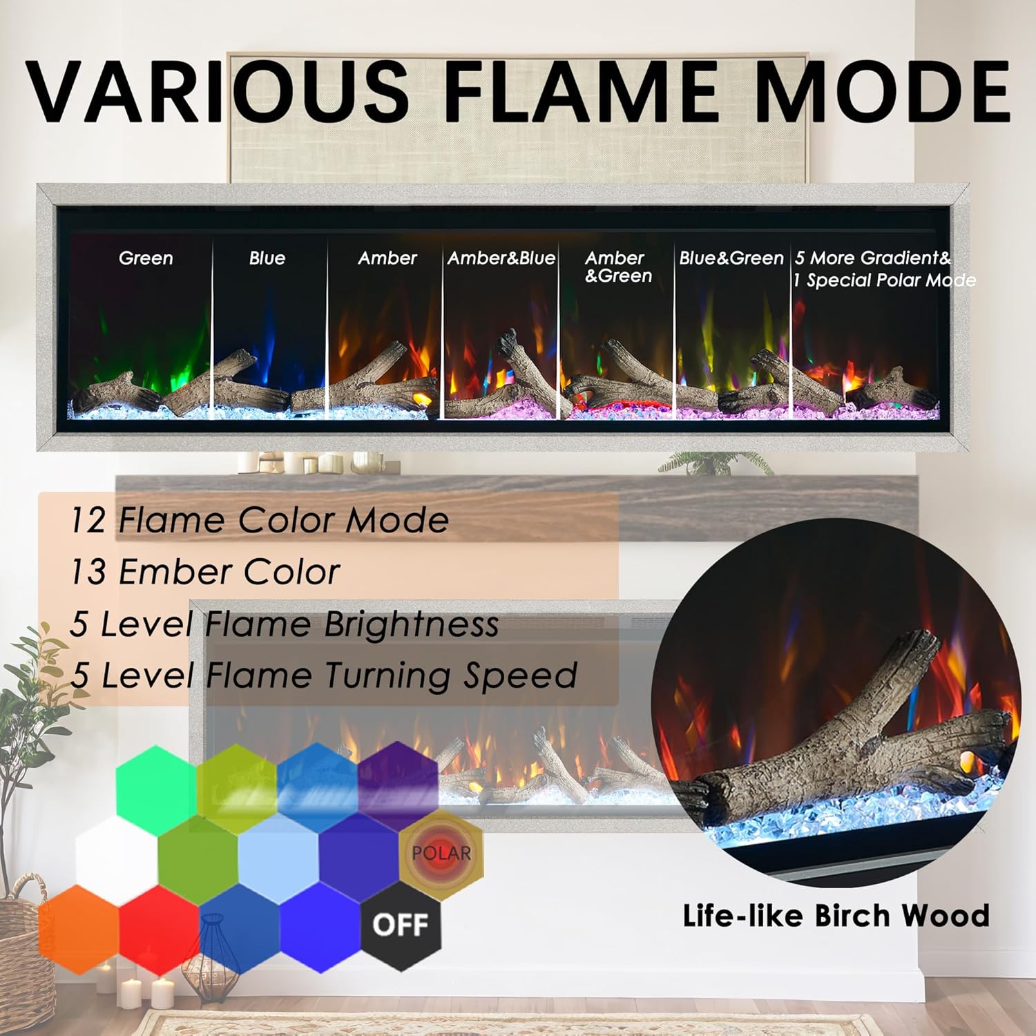 50 Inch Electric Fireplace w/Aluminum Frame, Hidden Air Vents Design, Recessed and Wall Mounted Fireplace Heater w/Thermostat, 12×13×5 Realistic Flame, Visual Remote, Log and Crystal, Siliver